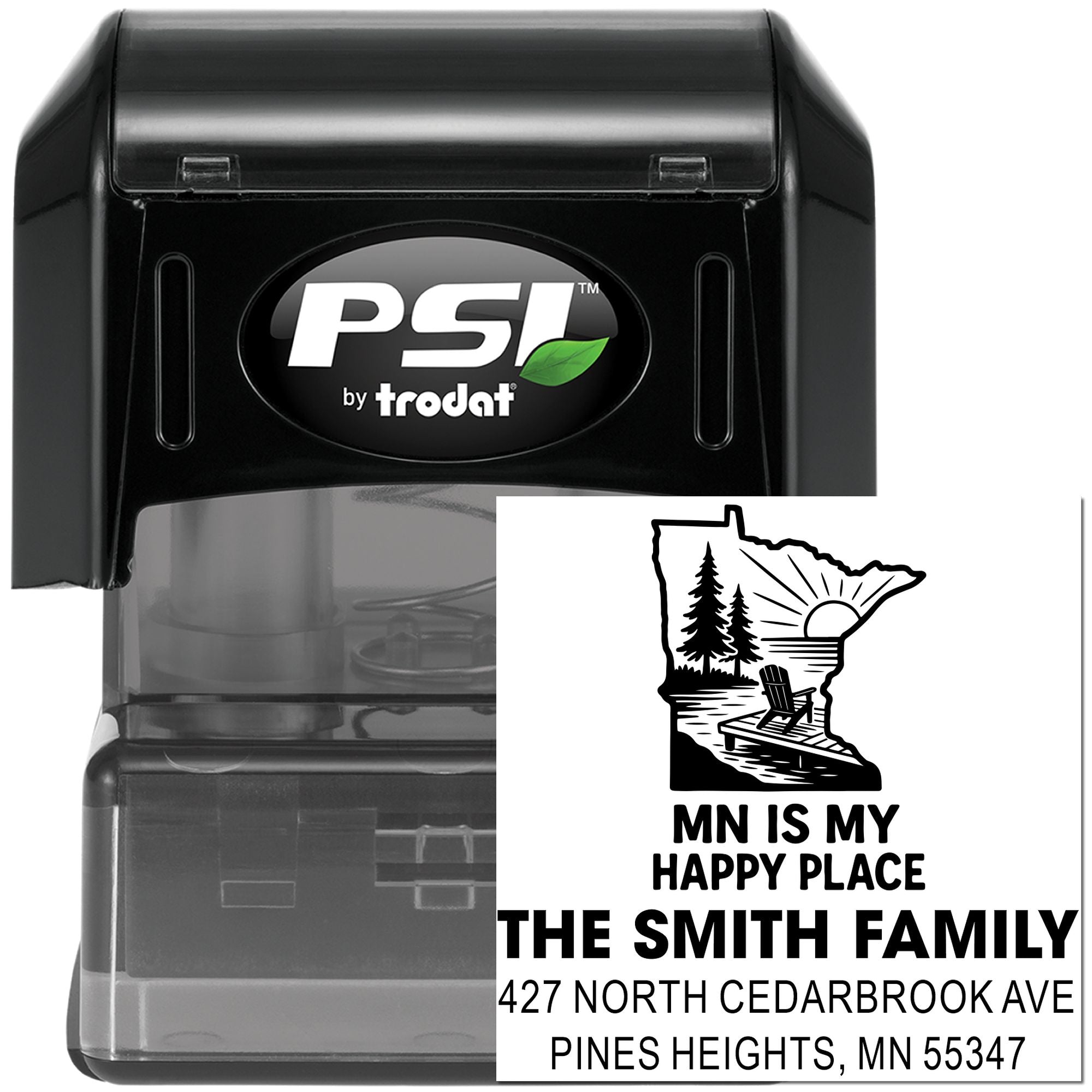 Personalized PSI by Trodat self-inking address stamp with Minnesota family MN Is My Happy Place design.