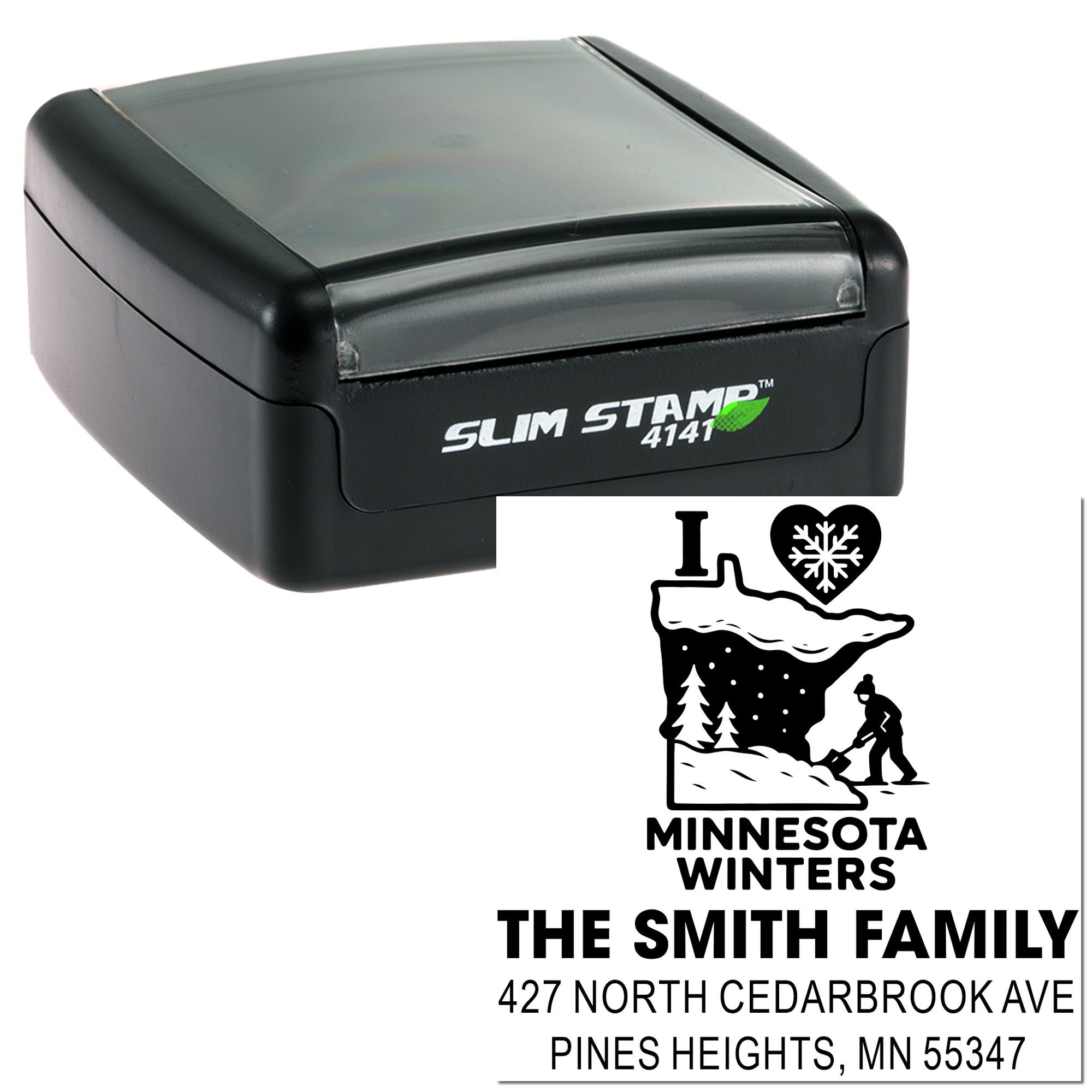 Custom return address rubber stamp for Minnesota winters, featuring family name, address, and Slim Stamp self-inking case.