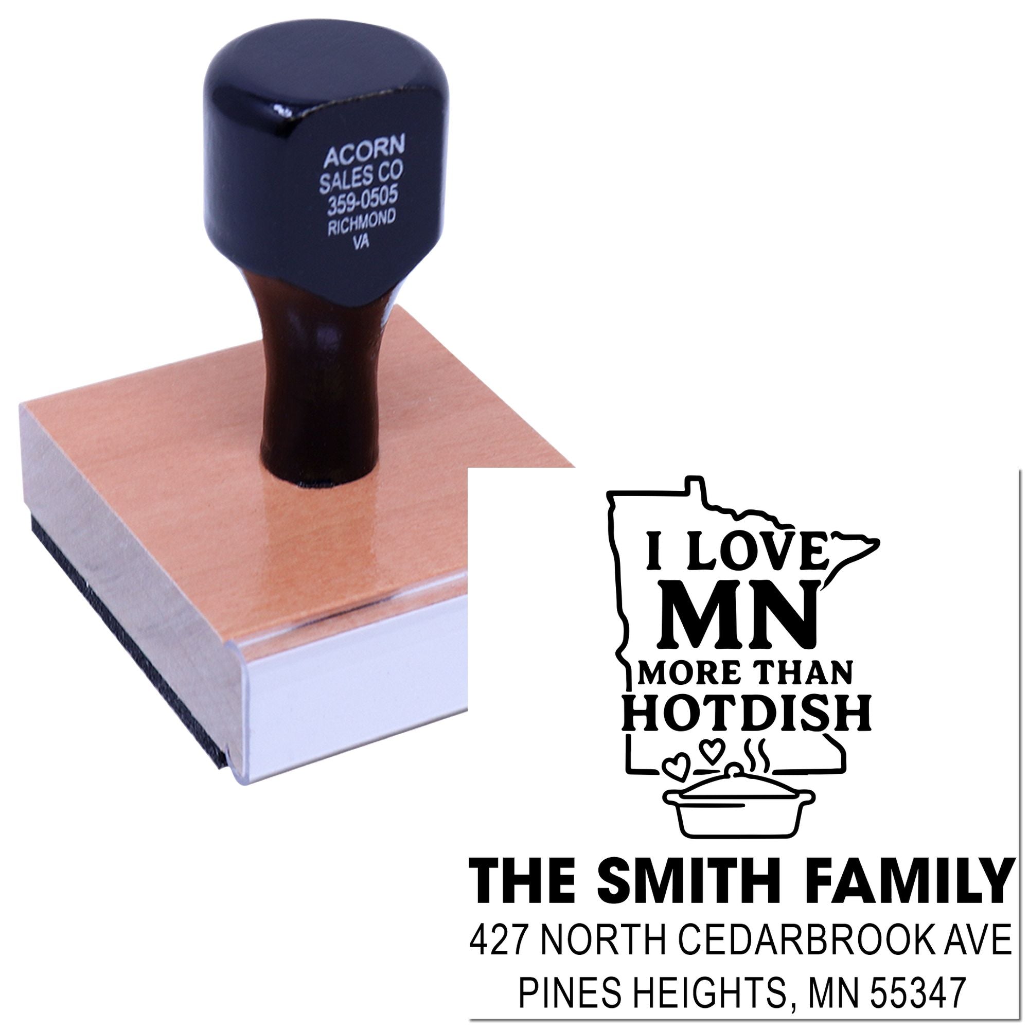 Custom rubber stamp for personalized Minnesota family return address labels and hotdish-themed mailings.