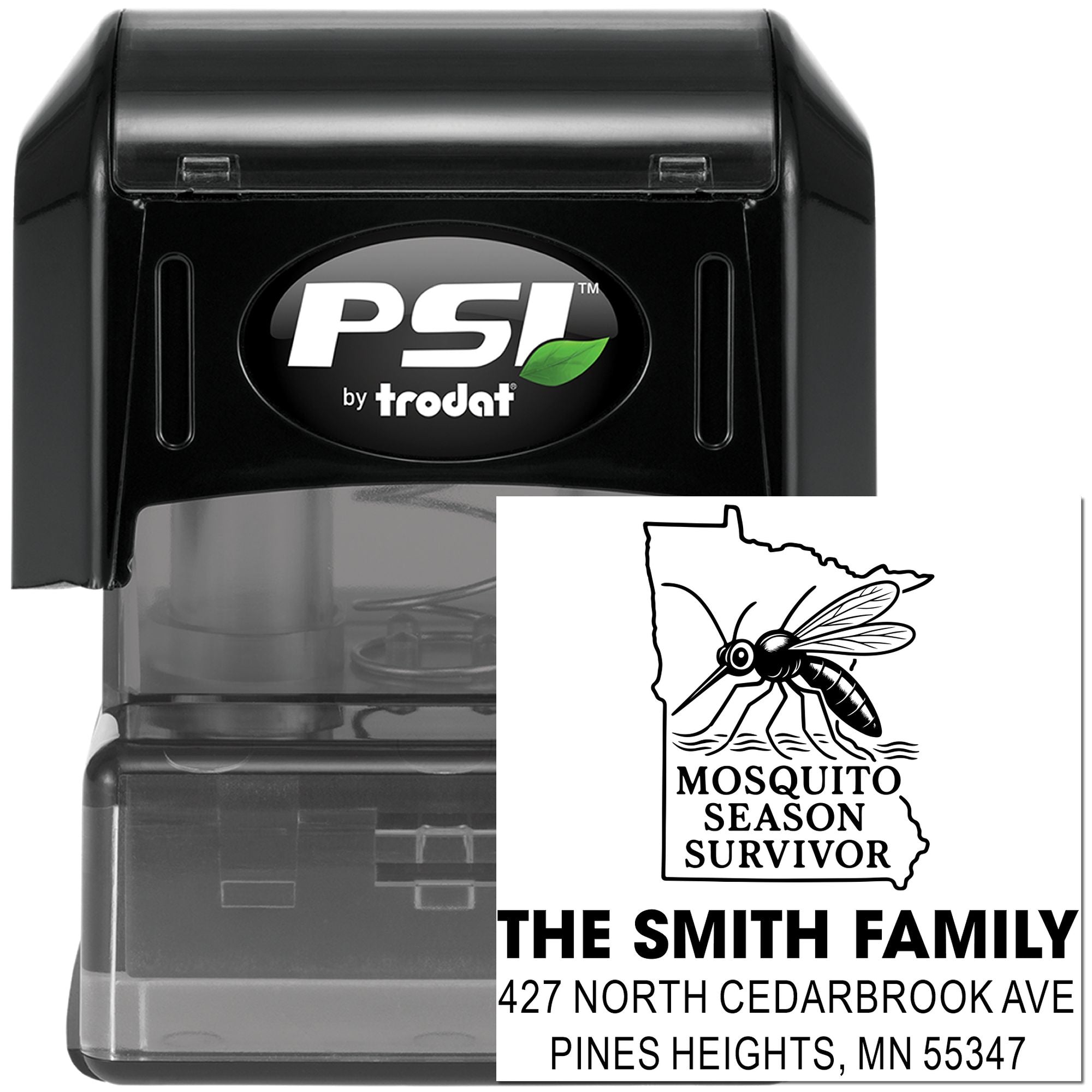 Custom PSI by Trodat self-inking rubber stamp with Minnesota mosquito season survivor design and Smith family address.