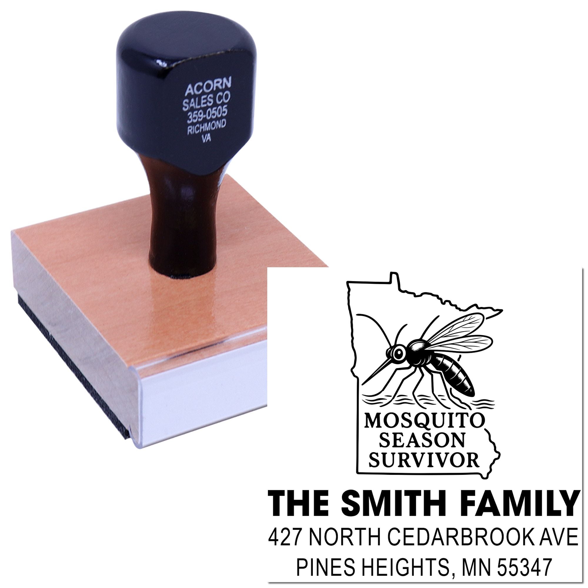 Personalized rubber stamp with Minnesota mosquito season survivor design and custom family address