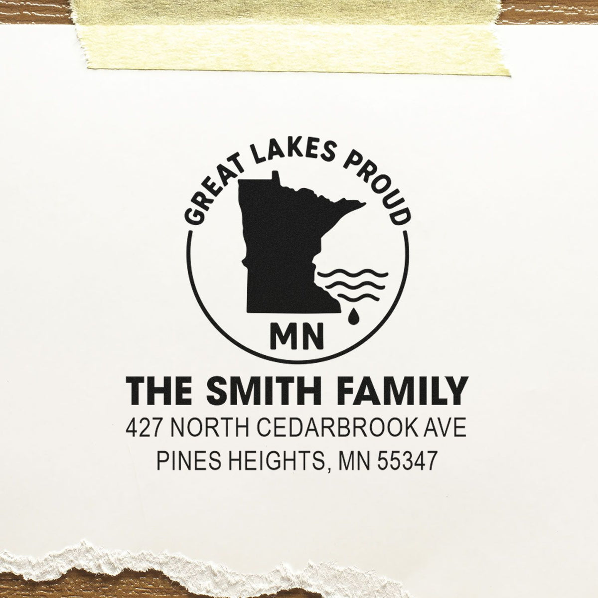 Personalized custom rubber return address stamp for The Smith Family, Great Lakes Proud MN, Pines Heights, MN 55347.