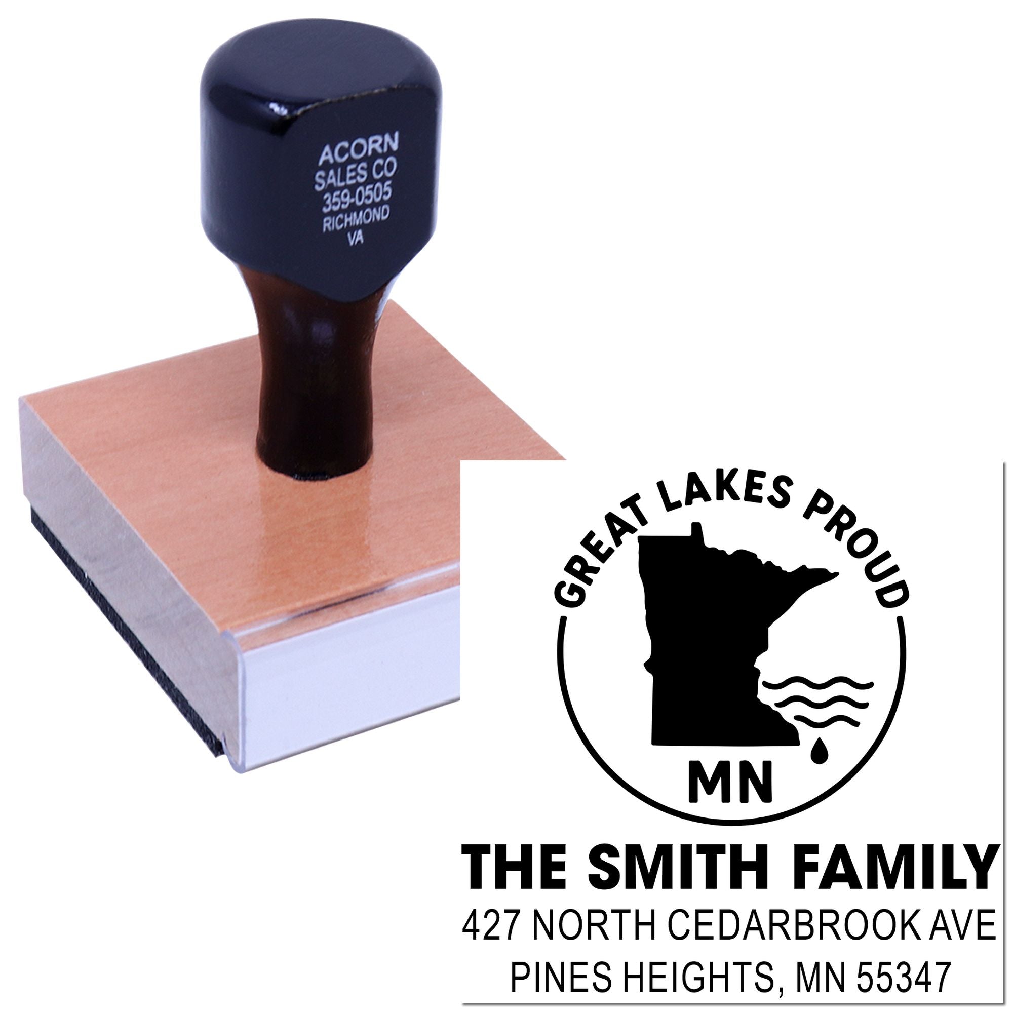 Self-inking custom rubber address stamp featuring Great Lakes Proud Minnesota family return address design.