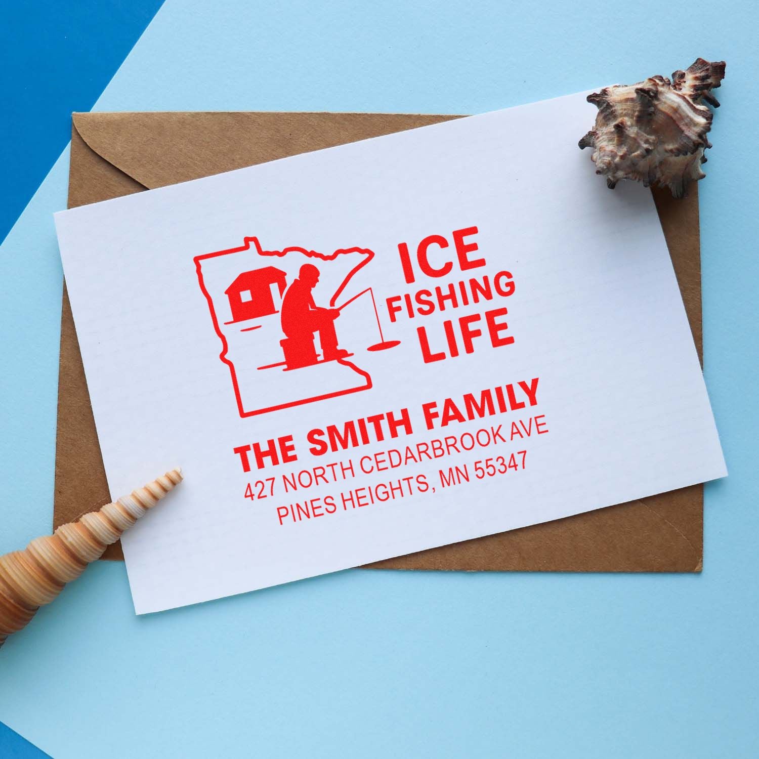 Custom return address rubber stamp with ice fishing design for The Smith Family