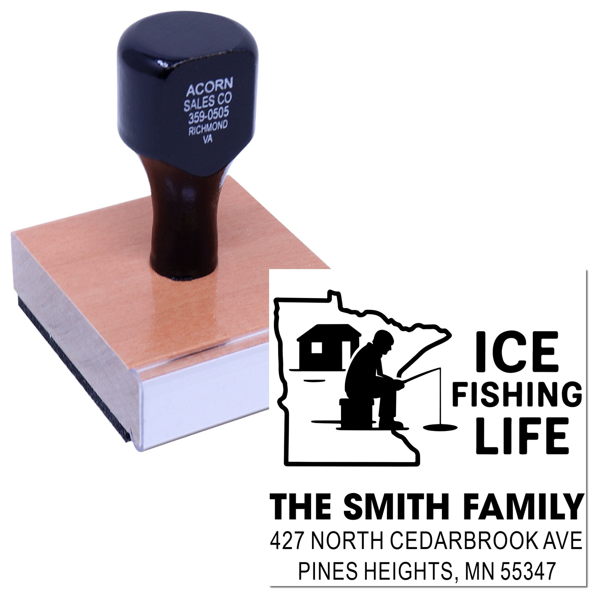Personalized rubber stamp with Ice Fishing Life return address design for The Smith Family