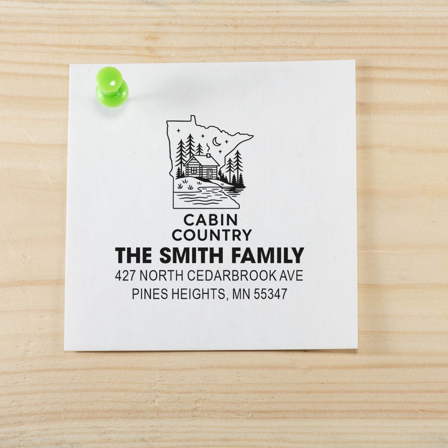 Custom cabin country address rubber stamp for The Smith Family, featuring Minnesota return address and cabin logo.