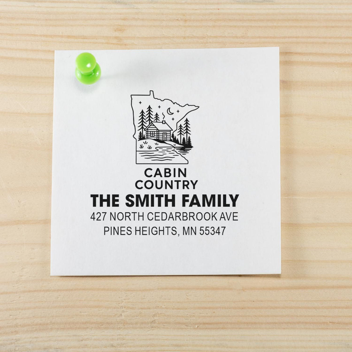 Custom cabin country return address rubber stamp for The Smith Family, featuring Minnesota cabin art and mailing address.