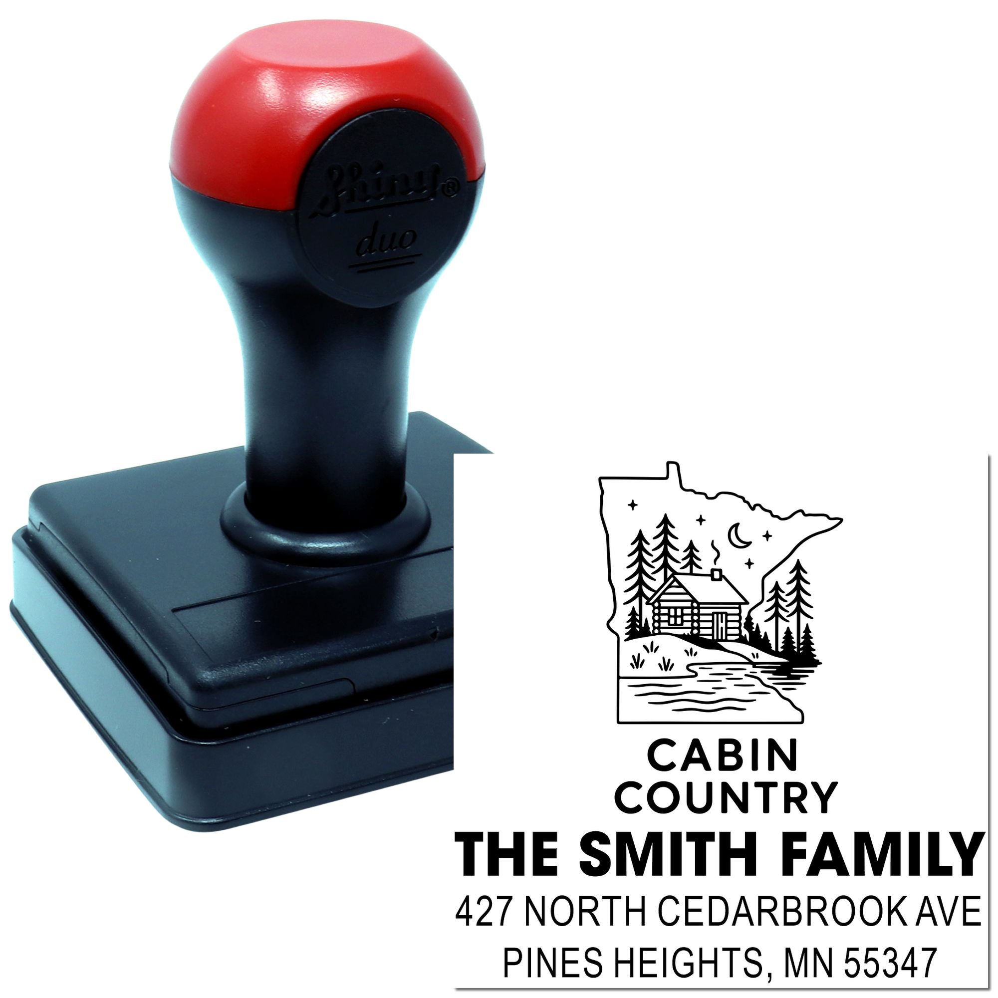 Custom self-inking address stamp with Minnesota cabin design for The Smith Family, Pines Heights, MN.