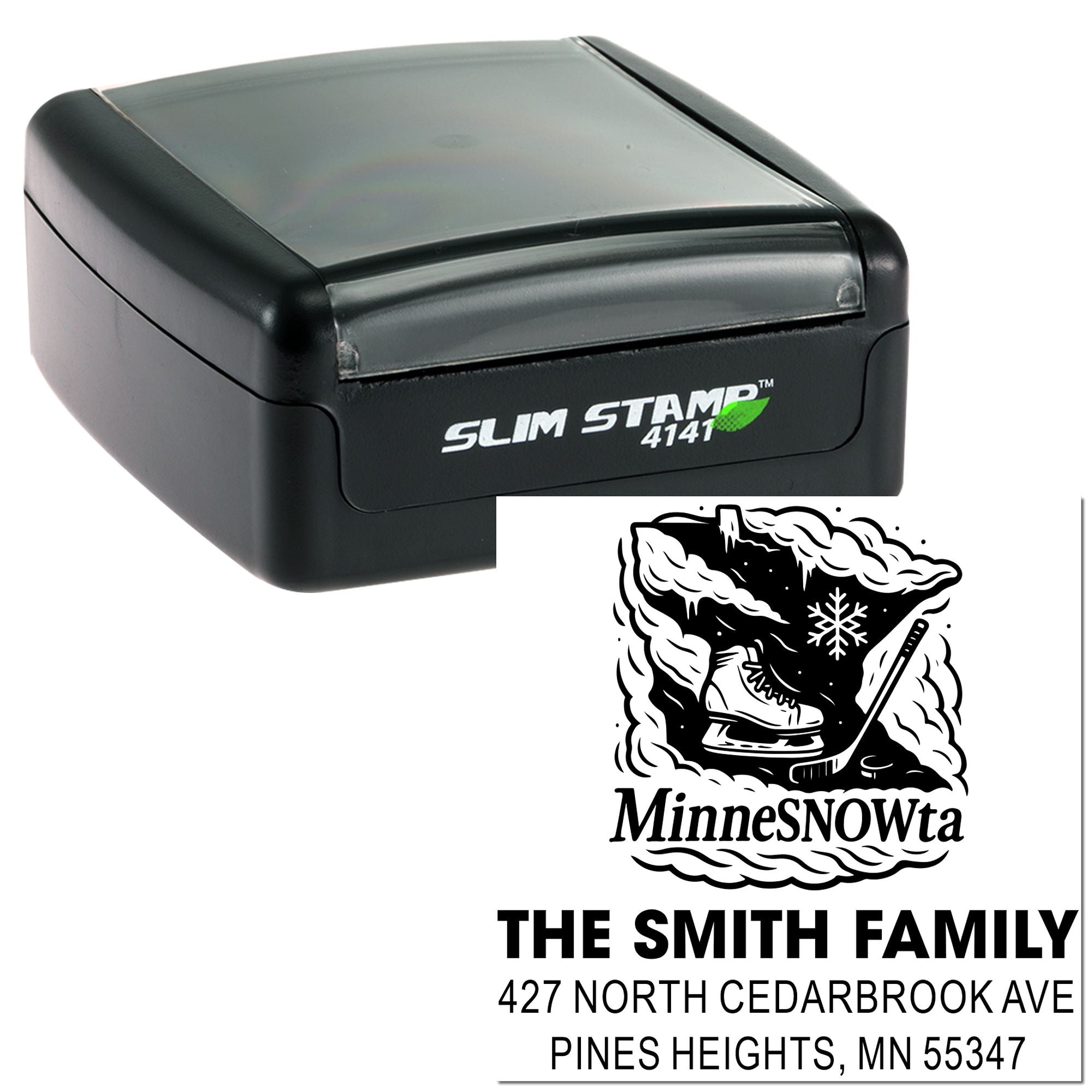 Winter Sports Tribute Personalized Three-Line Rubber Pre-Inked Stamp, 1-5/8" Square , Custom Sports Gift for Enthusiasts