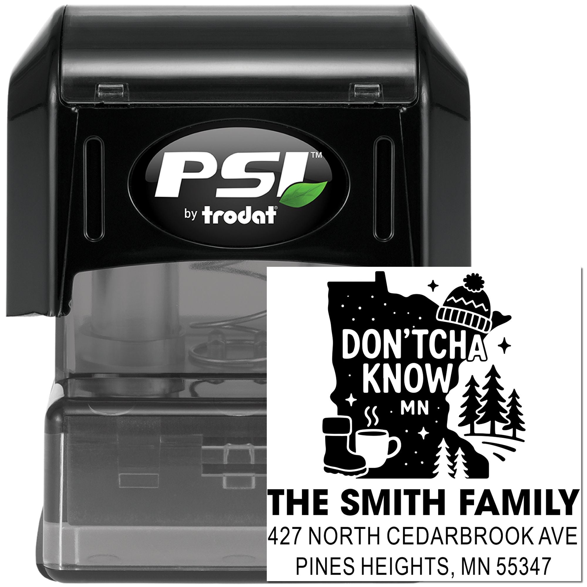 Custom self-inking Minnesota address rubber stamp with DONTCHA KNOW family design for personalized mail.