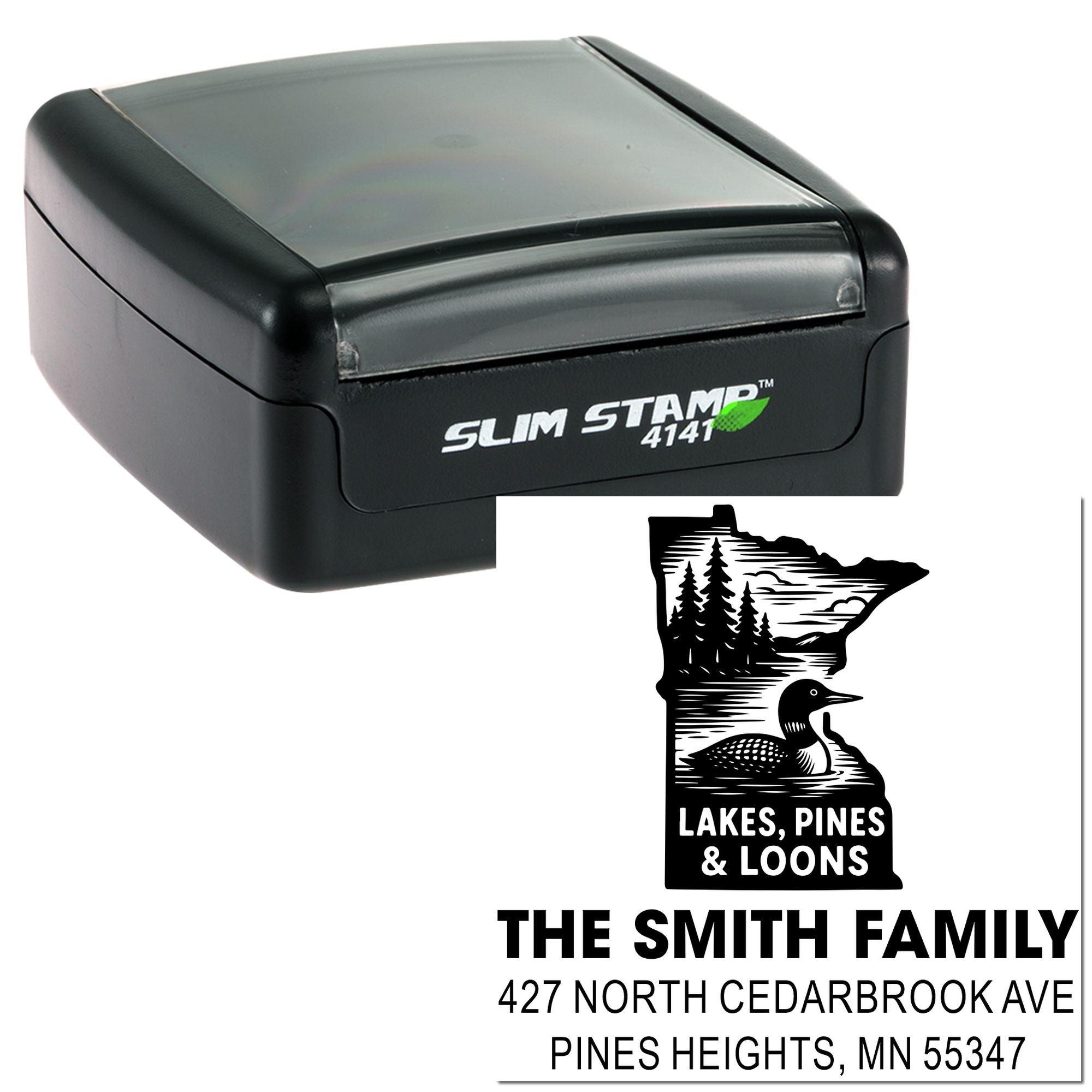 Custom self-inking rubber address stamp for The Smith Family with Minnesota loons design.