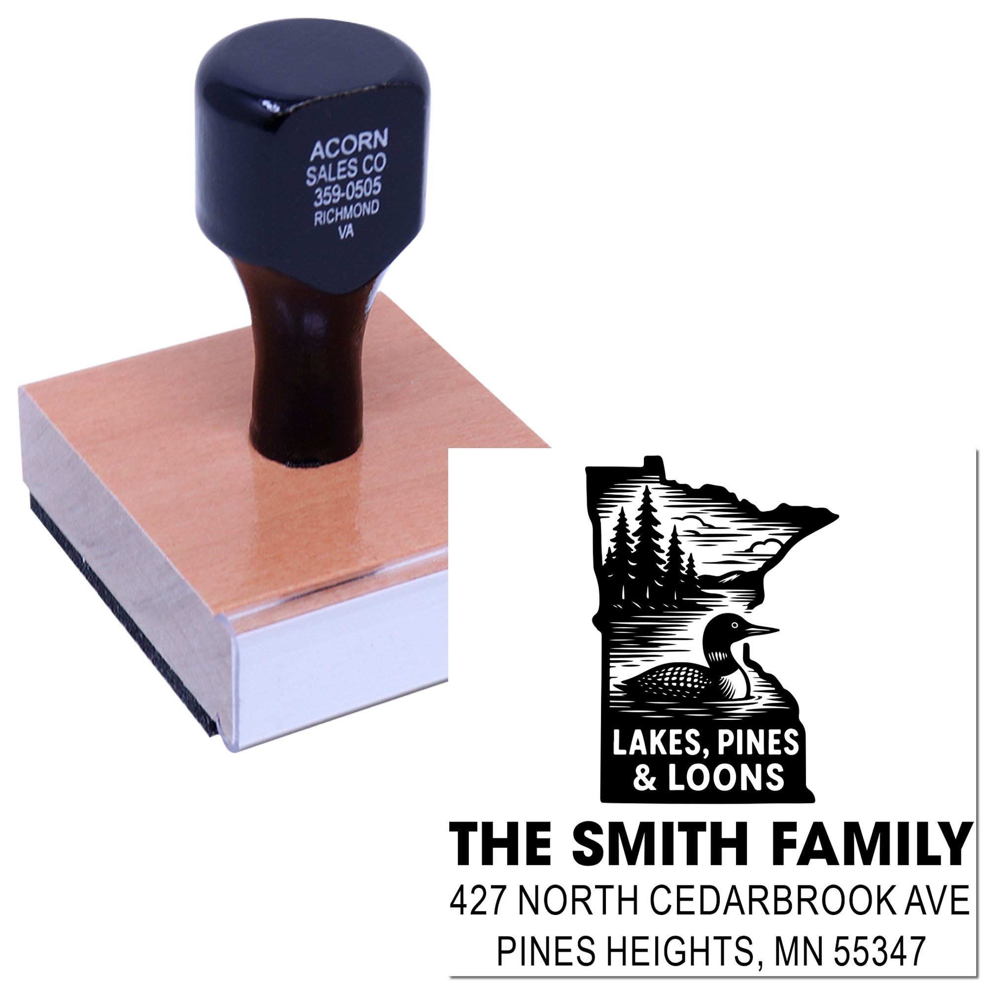 Personalized address rubber stamp with Minnesota lakes, pines and loons design for The Smith Family.
