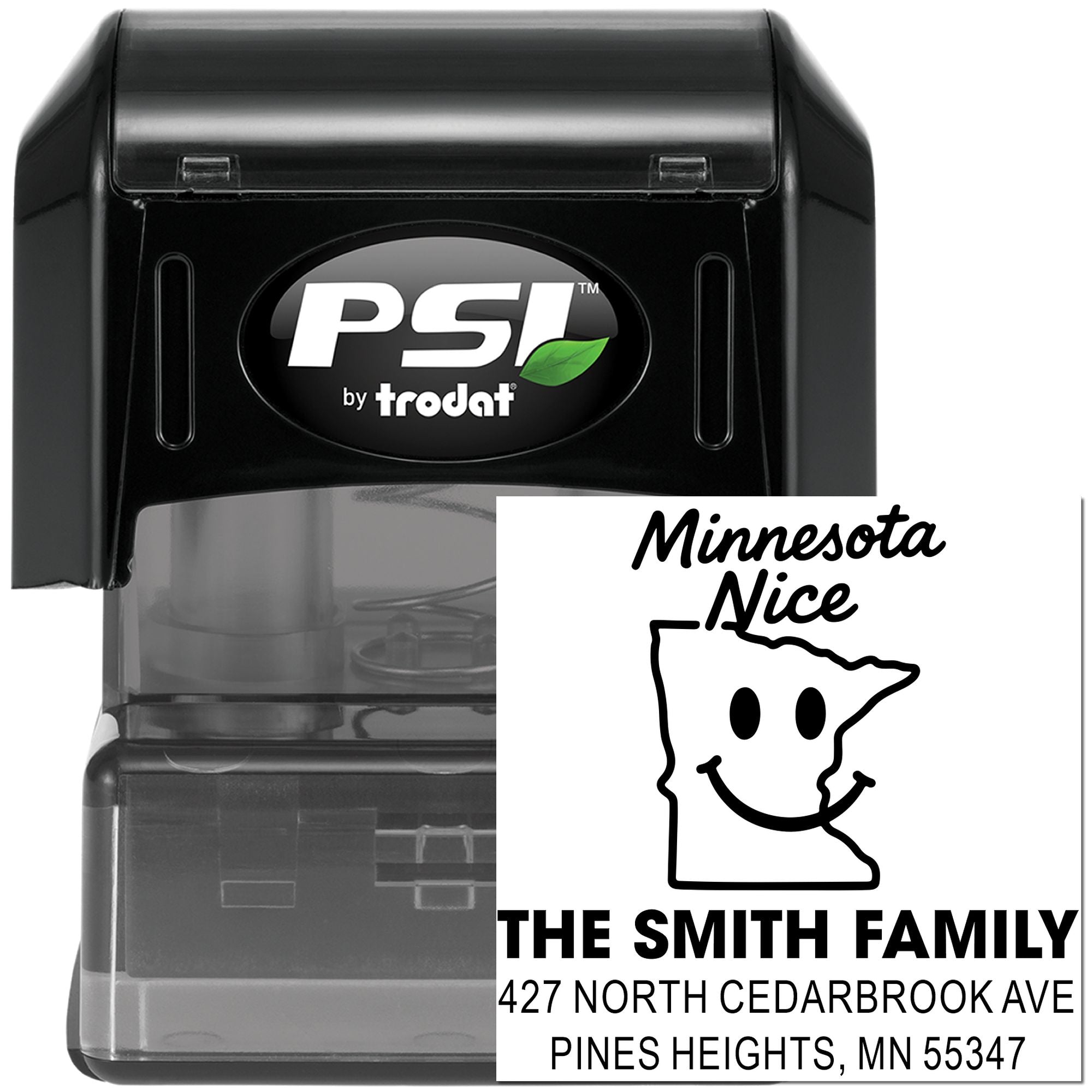 Custom self-inking rubber address stamp with Minnesota Nice design and The Smith Family return address.