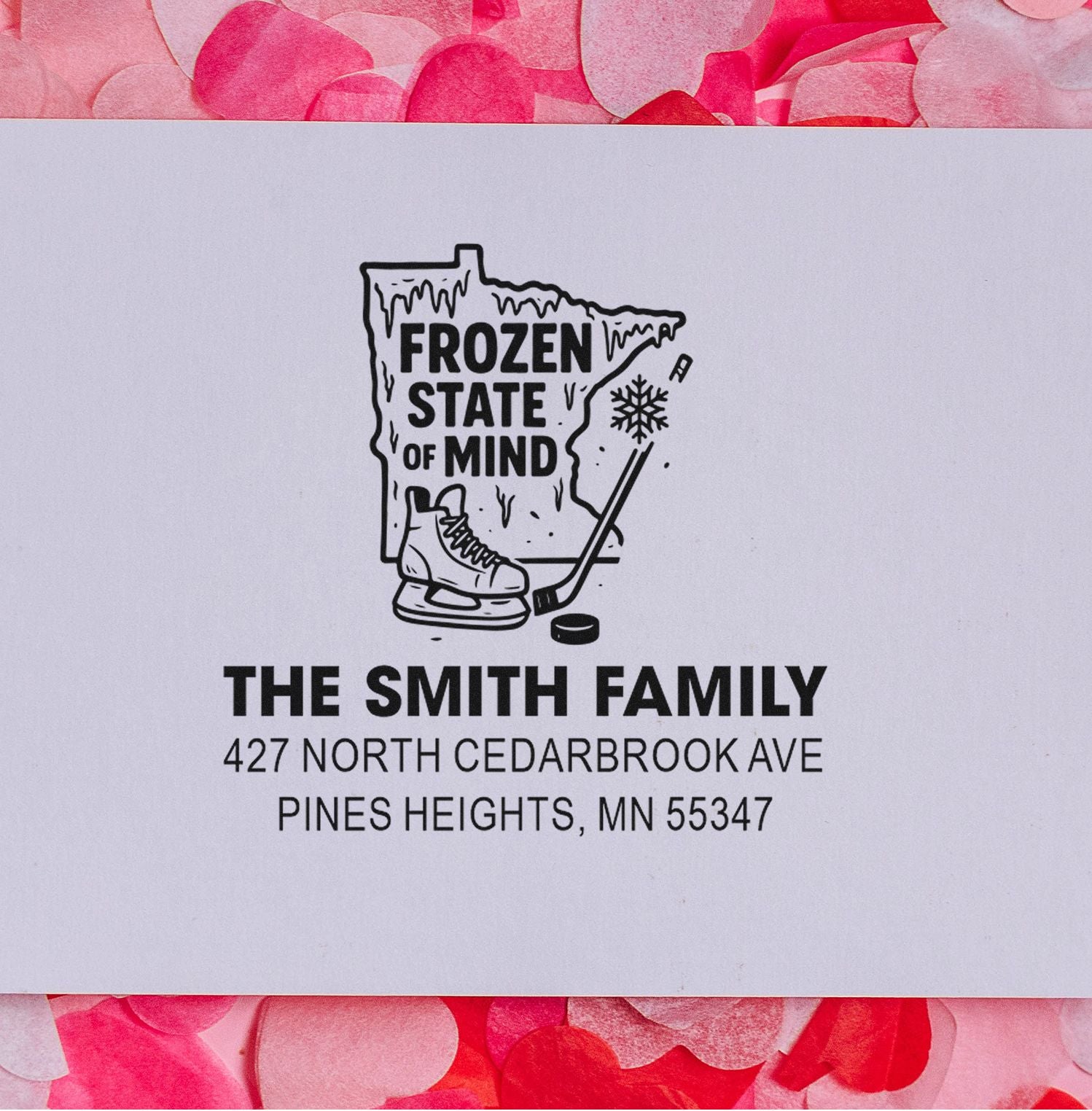 Personalized Minnesota hockey family return address rubber stamp with Frozen State of Mind design for the Smith family.