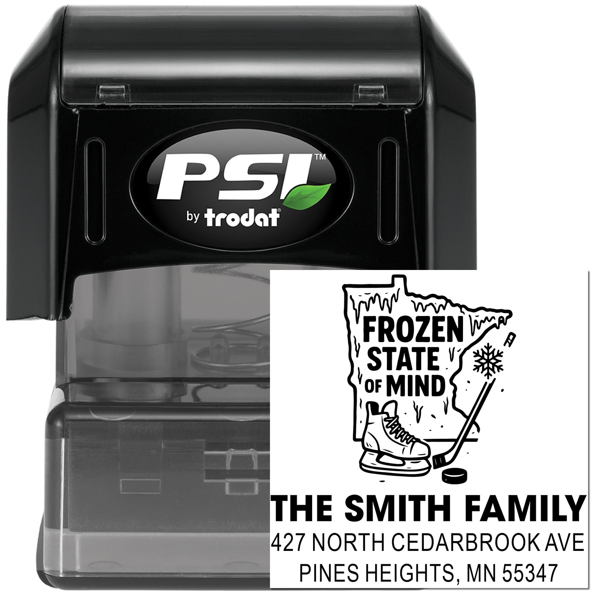 PSI by Trodat self-inking custom address stamp with Frozen State of Mind hockey design for the Smith family.