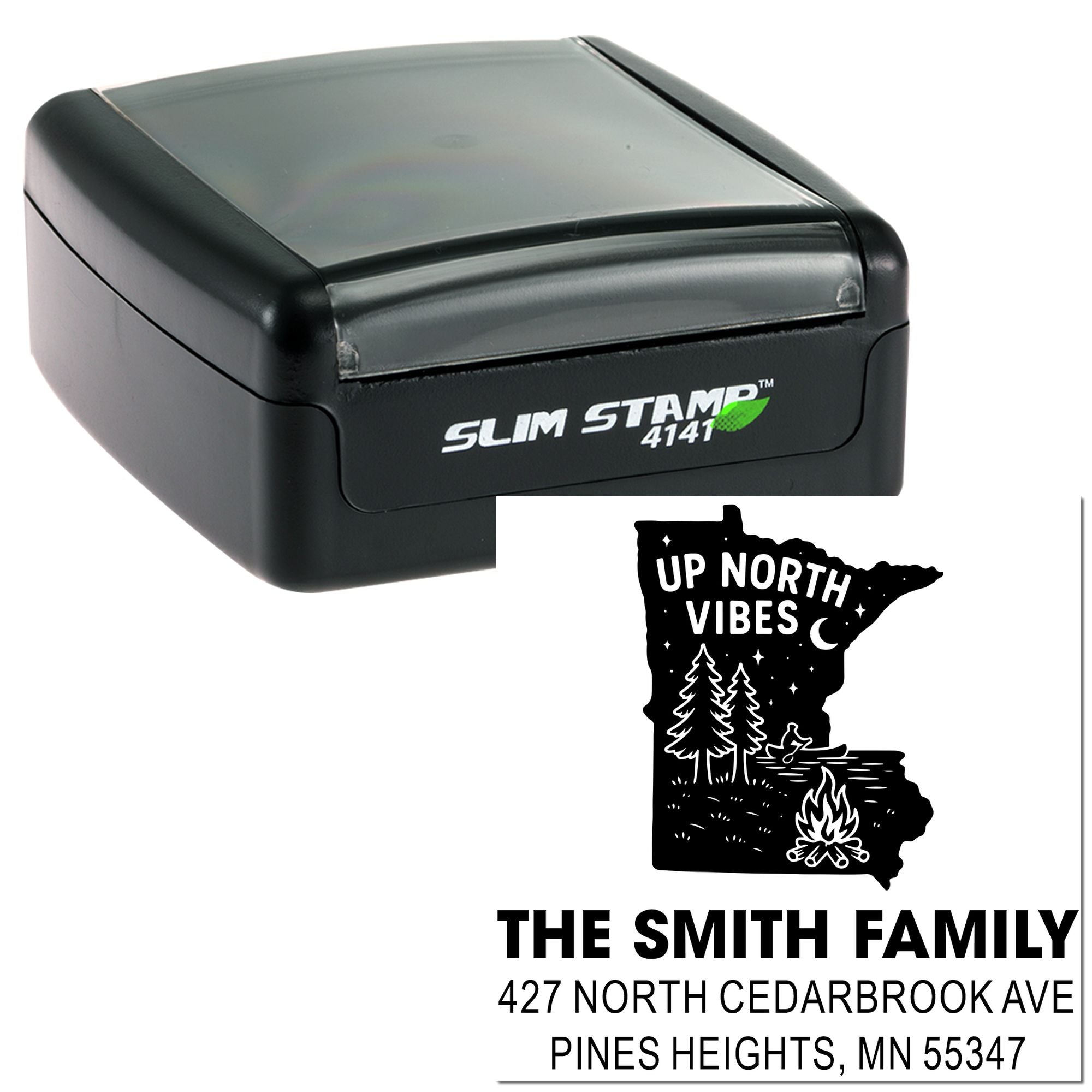 Custom self-inking Slim Stamp rubber stamp with Minnesota Up North Vibes family return address design.