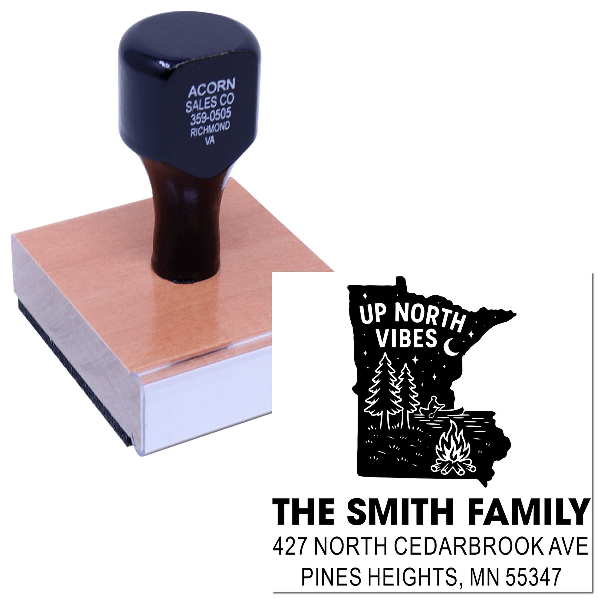 Custom return address rubber stamp with Minnesota Up North Vibes design for The Smith Family.