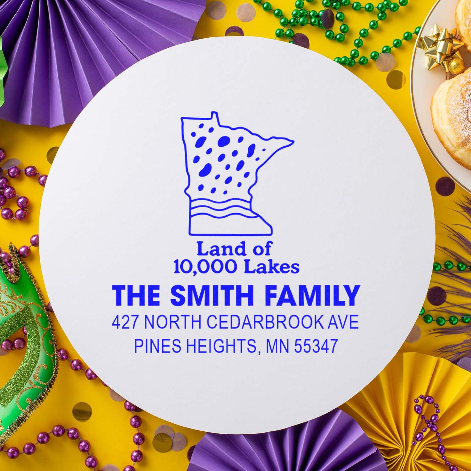 Custom Minnesota return address rubber stamp with family name and address, featuring a Land of 10,000 Lakes state design.