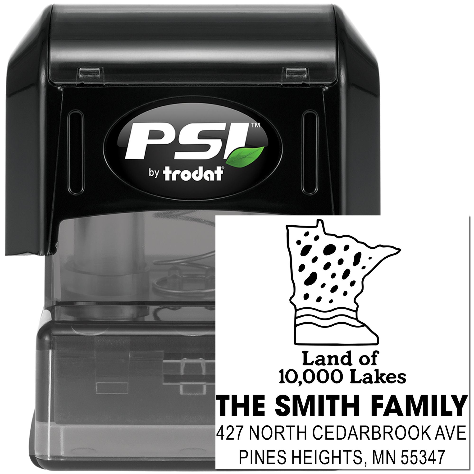 Custom self-inking rubber return address stamp with Minnesota Land of 10,000 Lakes Smith Family design