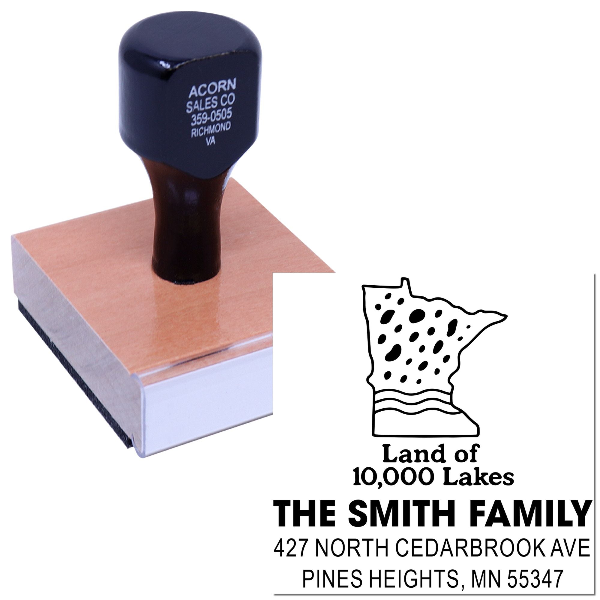 Custom address rubber stamp with Minnesota state logo for The Smith Family, personalized return address imprint.