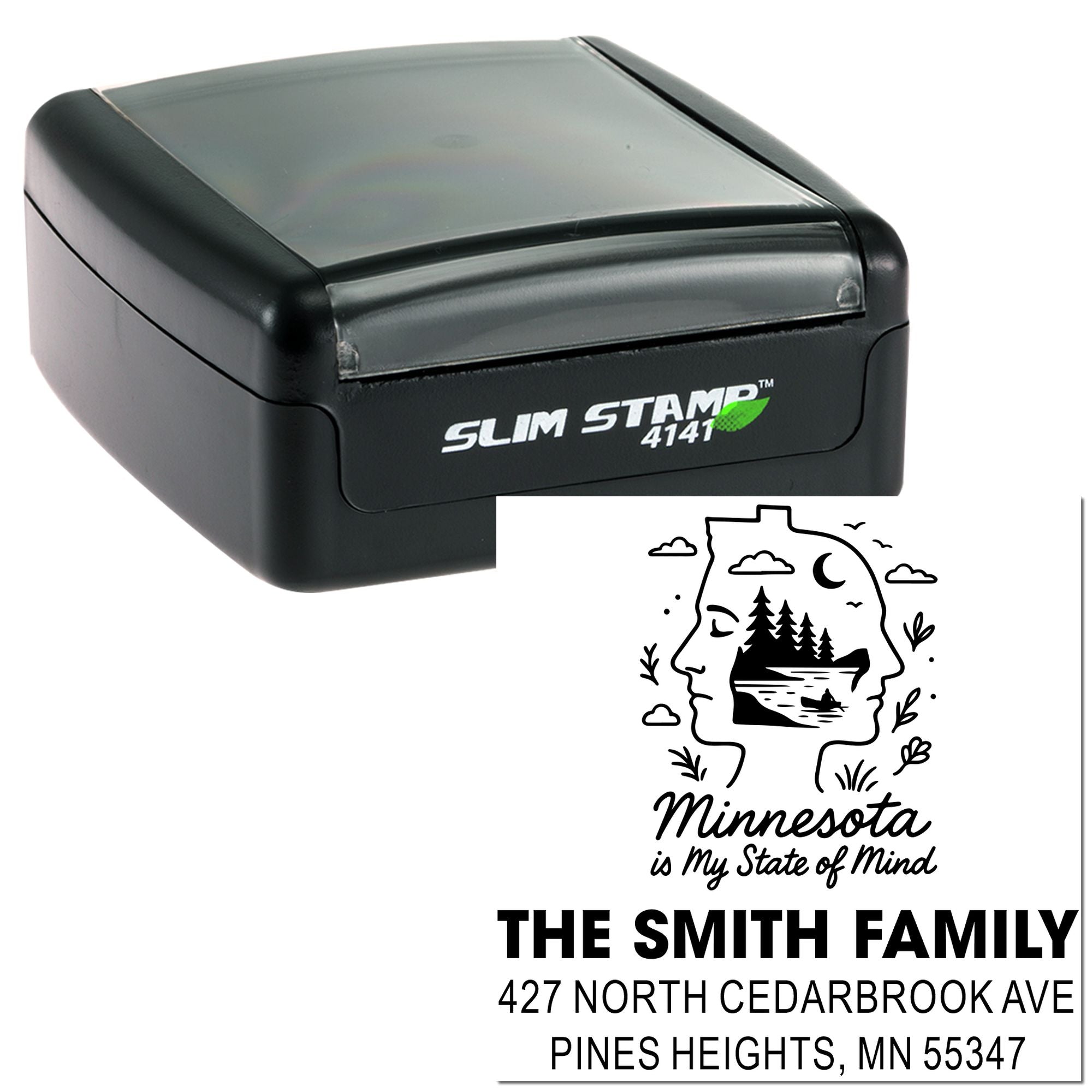 Custom self-inking rubber stamp with Minnesota family return address for envelopes, mail, and packages.