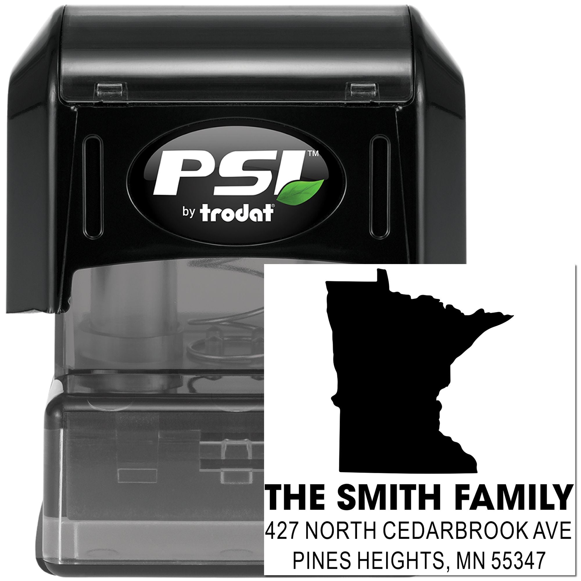 Custom self-inking return address rubber stamp with Minnesota silhouette, family name, and mailing address for envelopes.