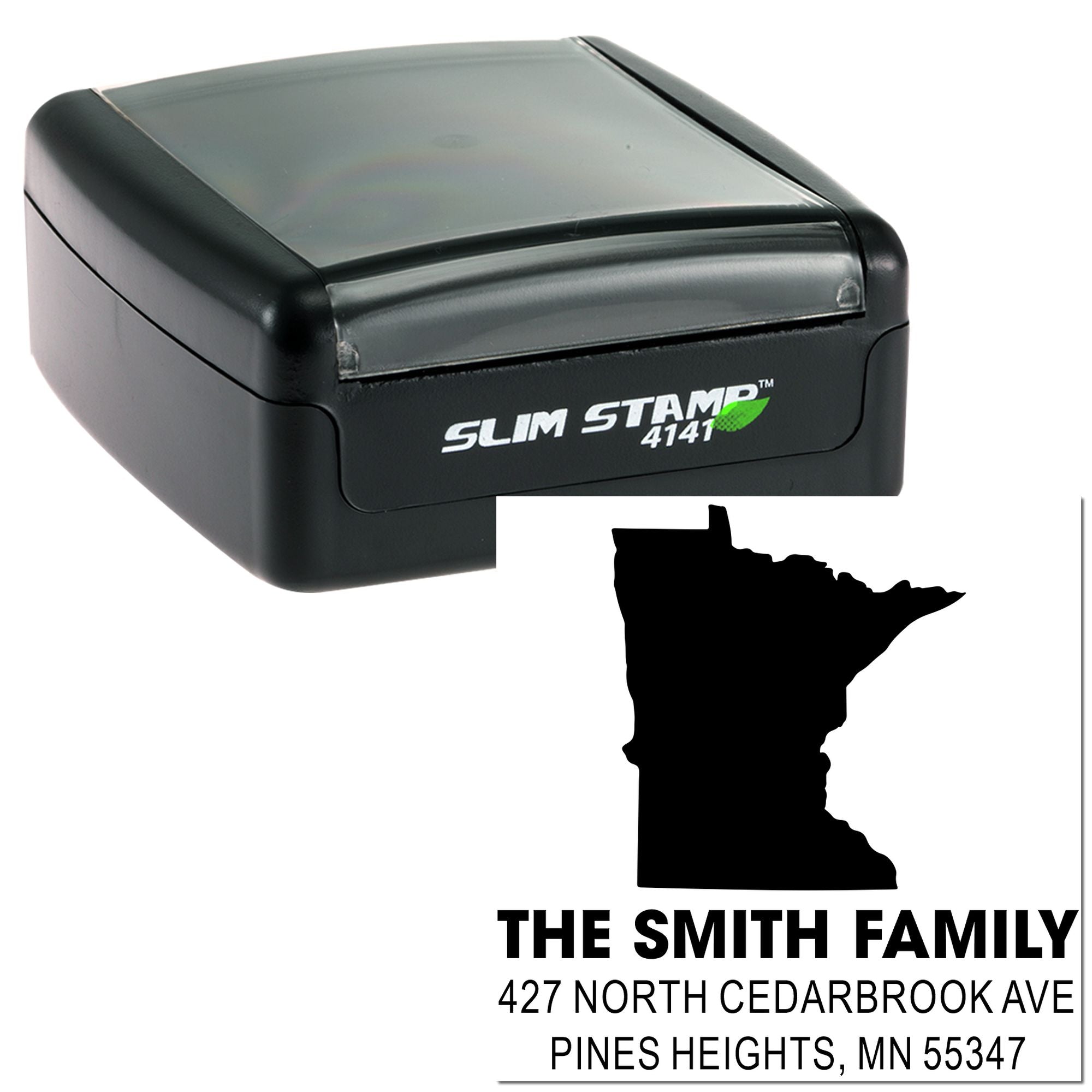 Personalized self-inking rubber address stamp with Minnesota silhouette for The Smith Family home mailing return address.