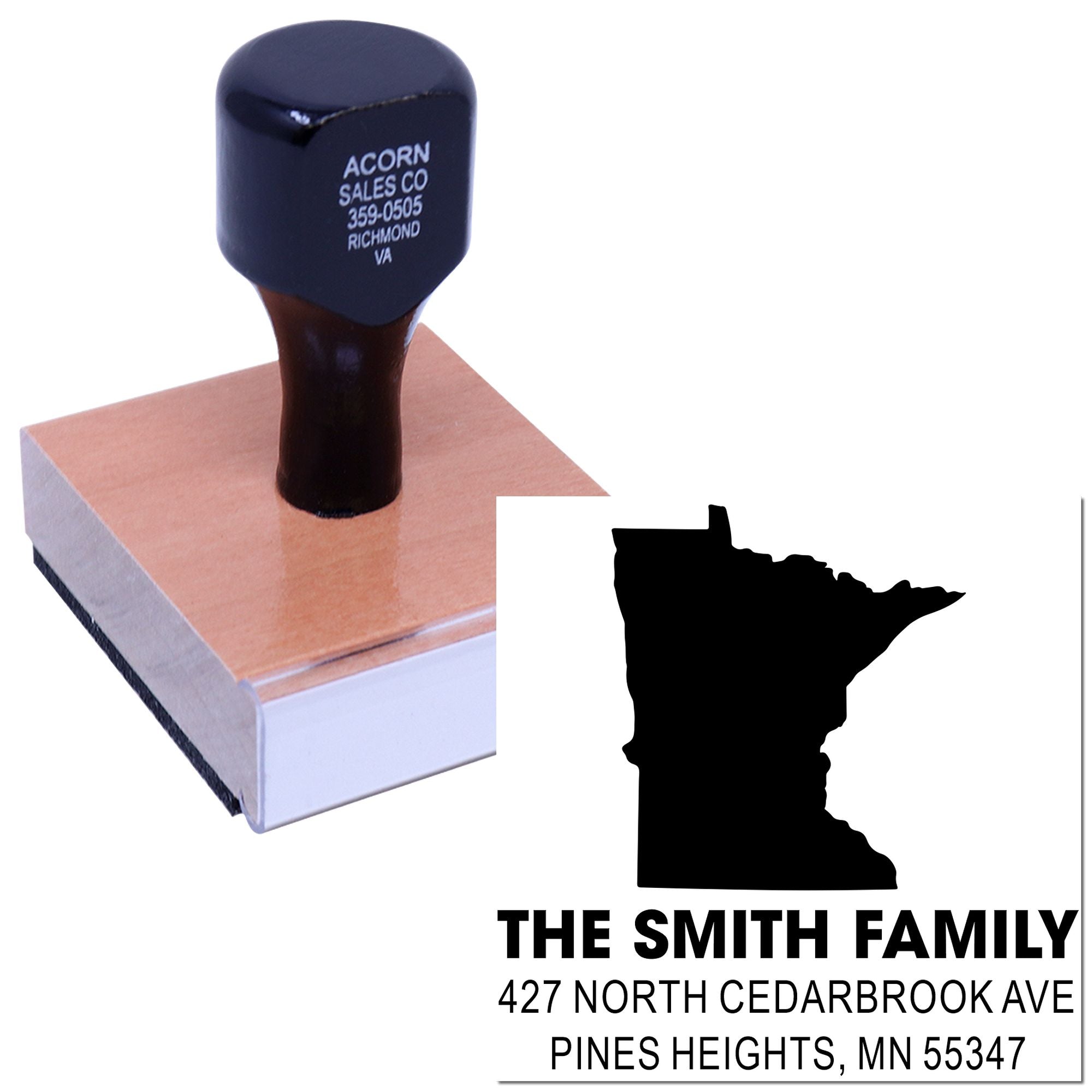 Custom Minnesota return address rubber stamp with family name, state silhouette, and personalized mailing address for envelopes.