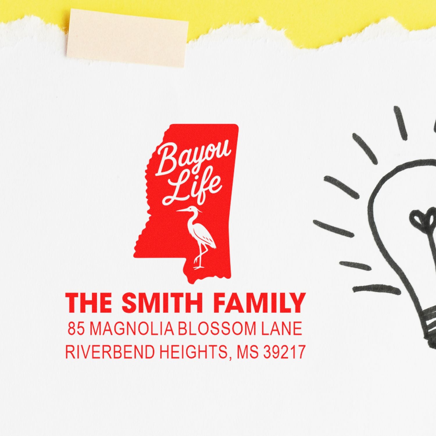 Custom rubber address stamp with Mississippi state design for The Smith Family, Bayou Life logo, and Riverbend Heights address.
