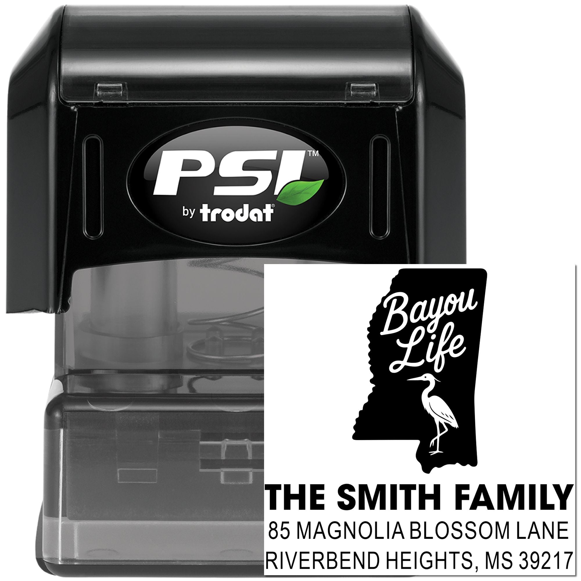 Self-inking PSI by Trodat custom address rubber stamp with Bayou Life Mississippi design and Smith family return address.