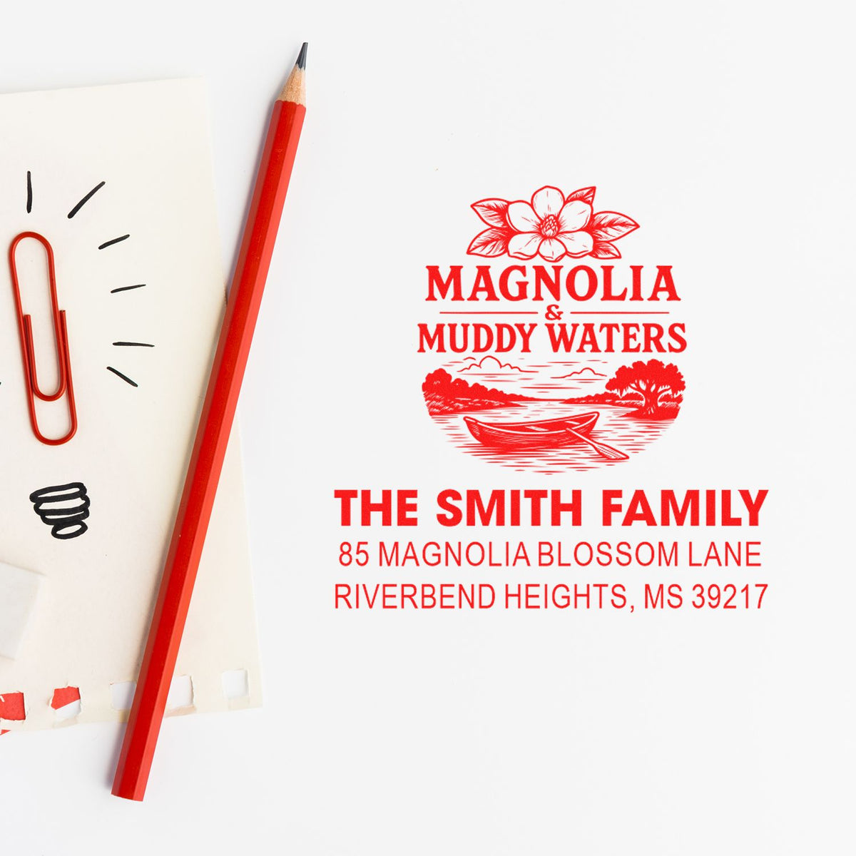 Custom family return address rubber stamp with Magnolia & Muddy Waters design, red ink impression on stationery.
