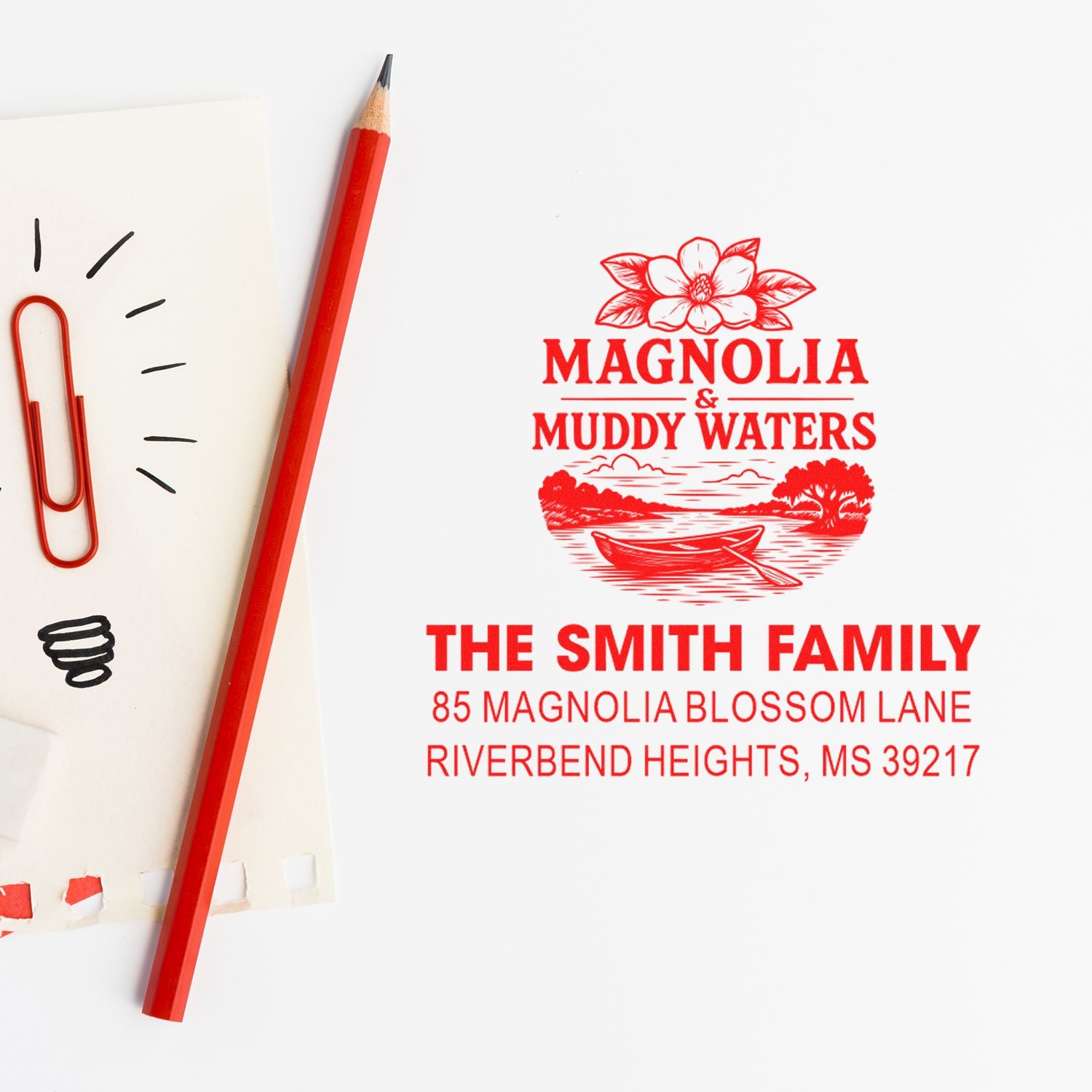Custom rubber address stamp for the Smith family with Magnolia & Muddy Waters design and Riverbend Heights, MS address.
