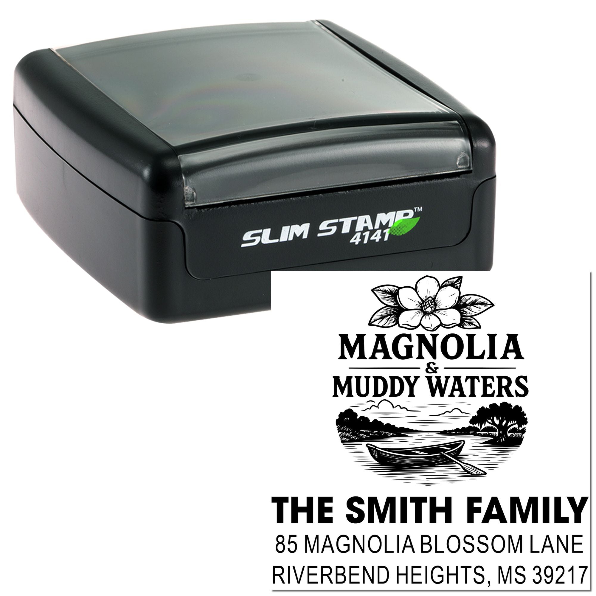 Custom Slim Stamp 4141 rubber address stamp for The Smith Family, Magnolia & Muddy Waters design with name and Riverbend Heights address.