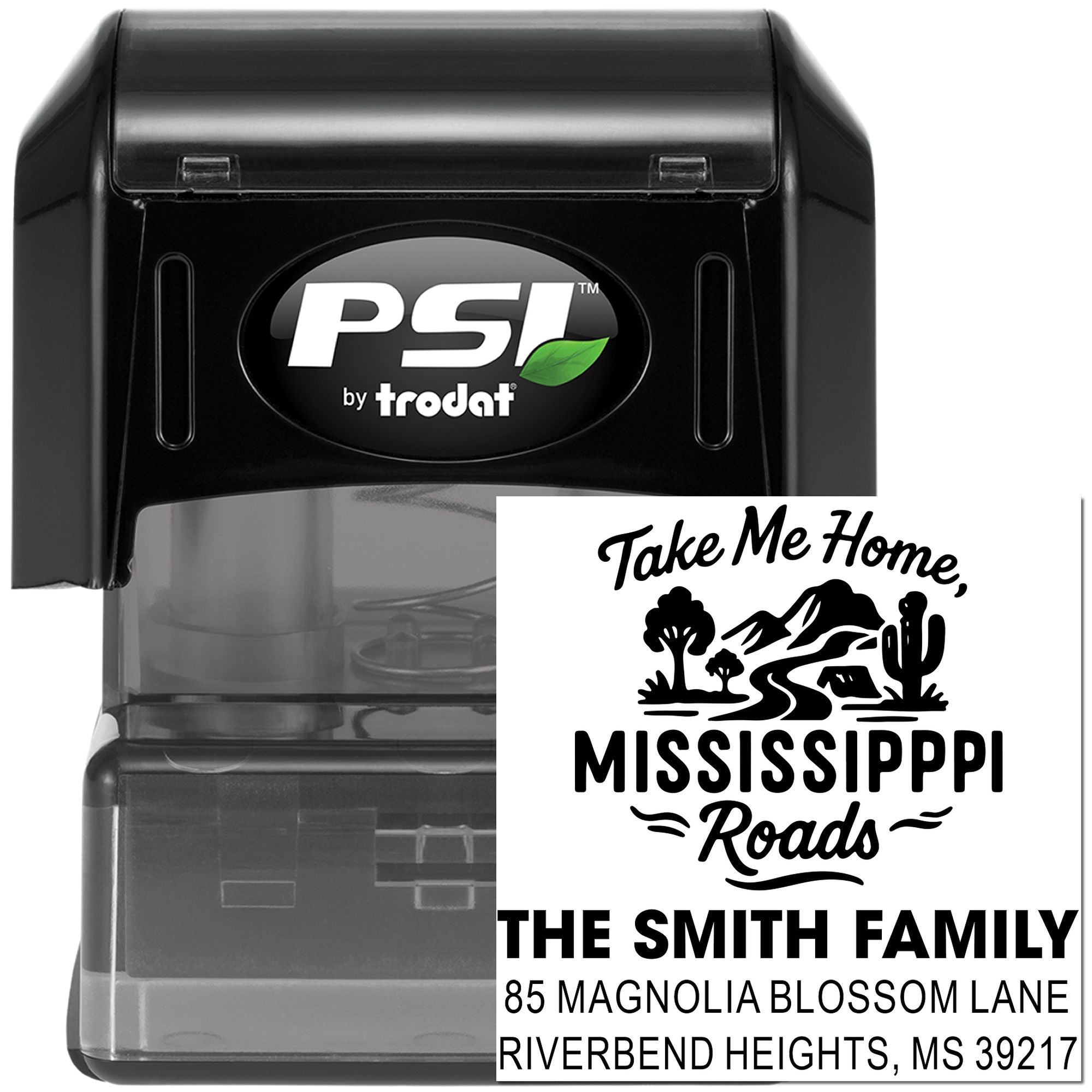 Custom self-inking rubber stamp by PSI Trodat for Mississippi Roads return address, featuring family name and full mailing address.