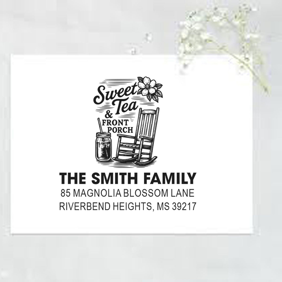 Custom return address rubber stamp with Sweet Tea & Front Porch design for The Smith Family, Magnolia Blossom Lane.