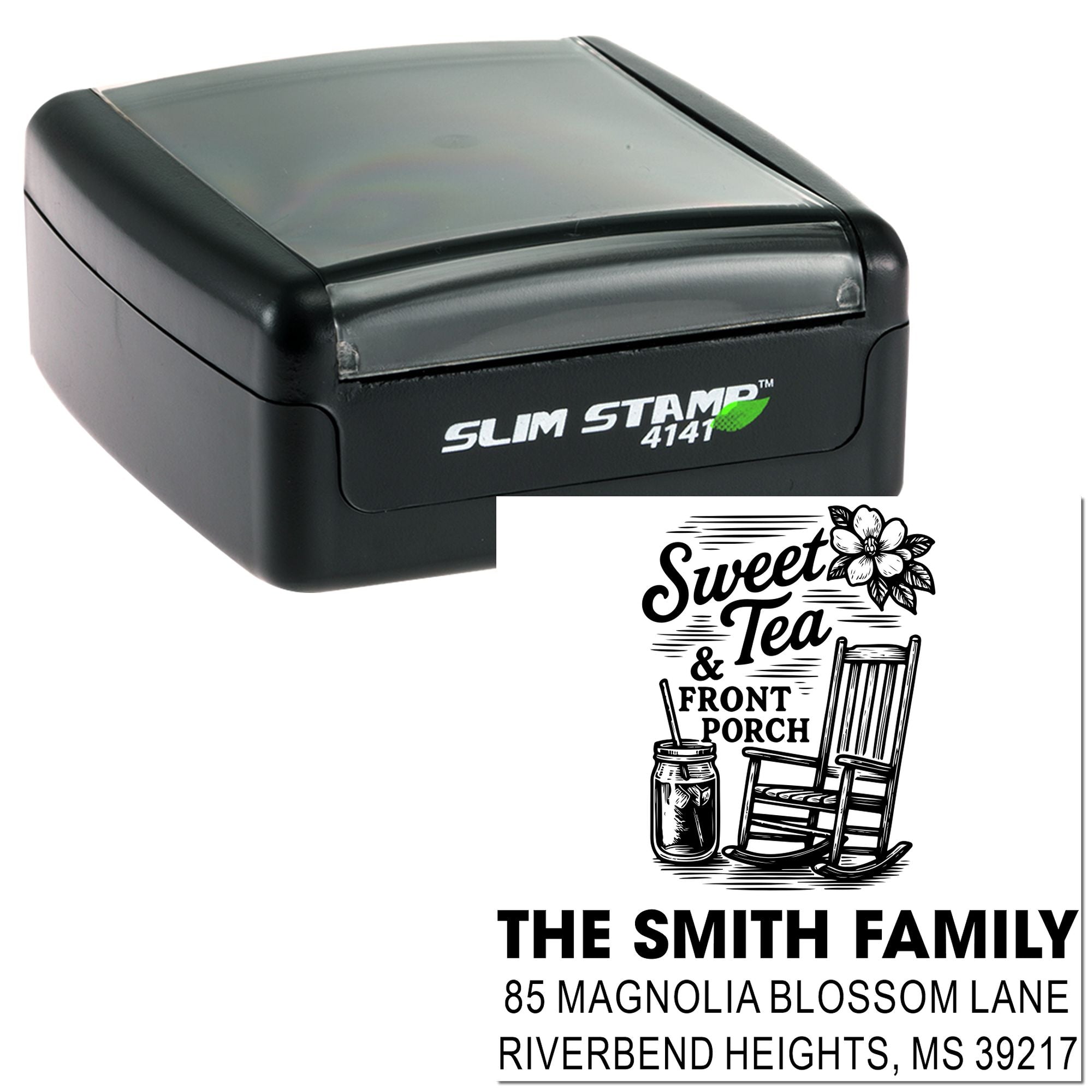 Slim Stamp 4141 personalized address rubber stamp with Sweet Tea & Front Porch family design imprint