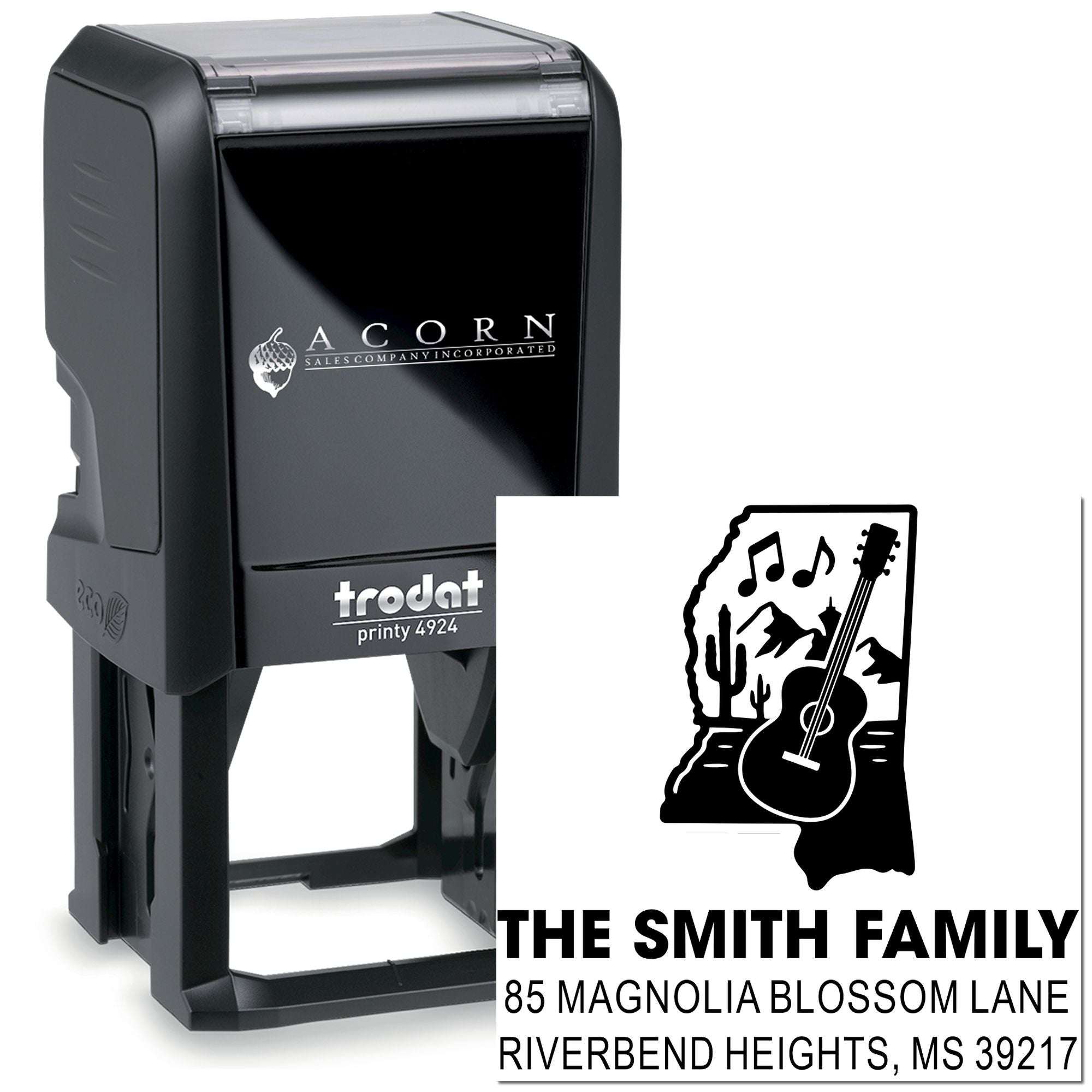 Custom self-inking address rubber stamp for The Smith Family, featuring Mississippi guitar design and return address.