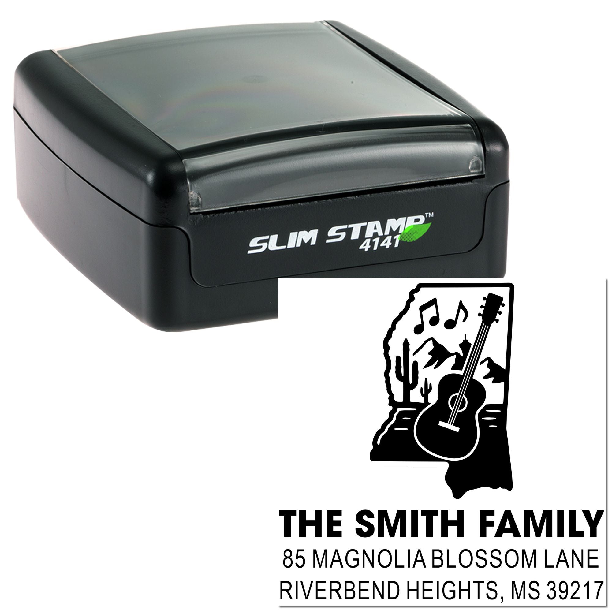 Custom self-inking rubber stamp with music-themed Mississippi return address design for The Smith Family address labels