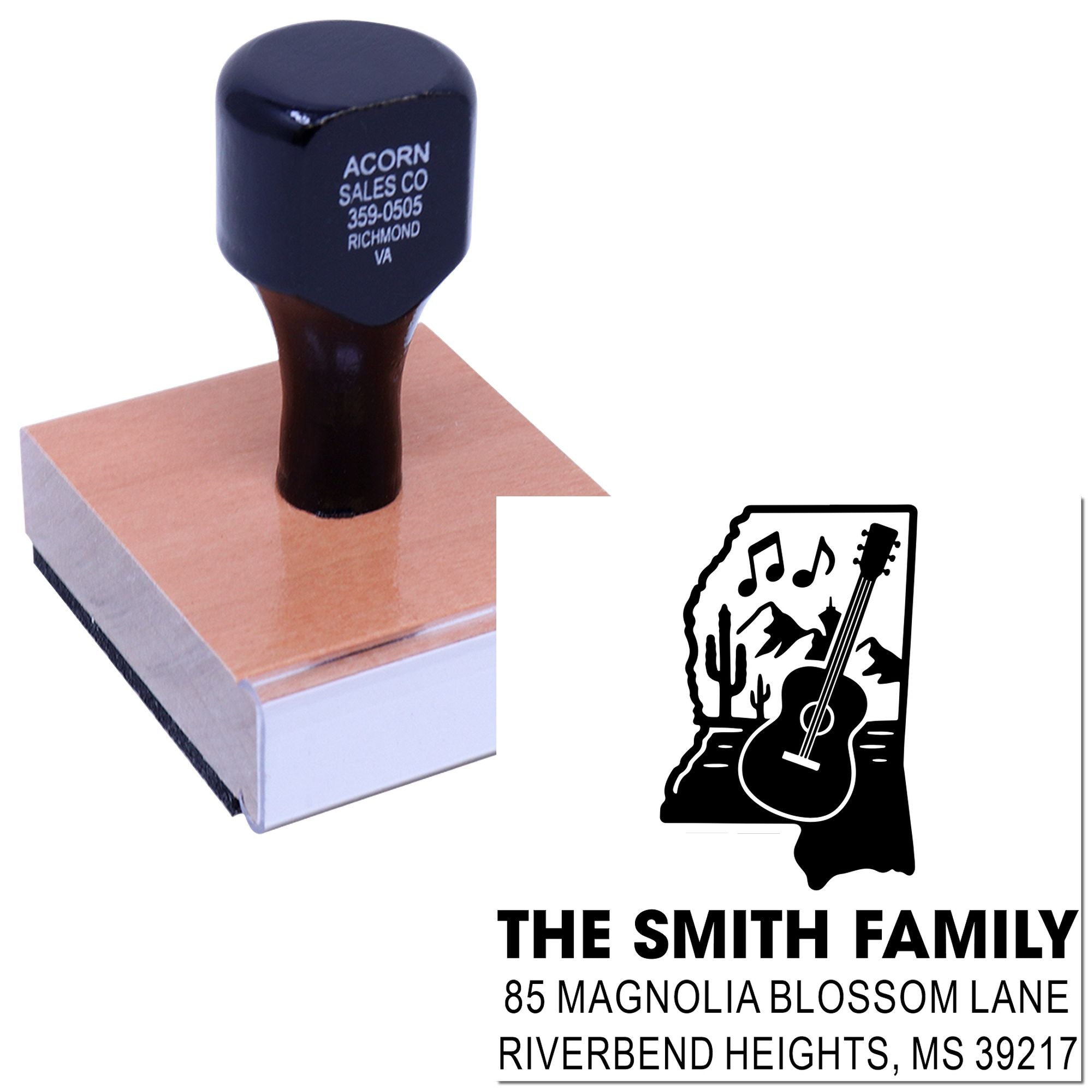 Personalized rubber address stamp with music-themed Mississippi family design for The Smith Family in Riverbend Heights, MS.