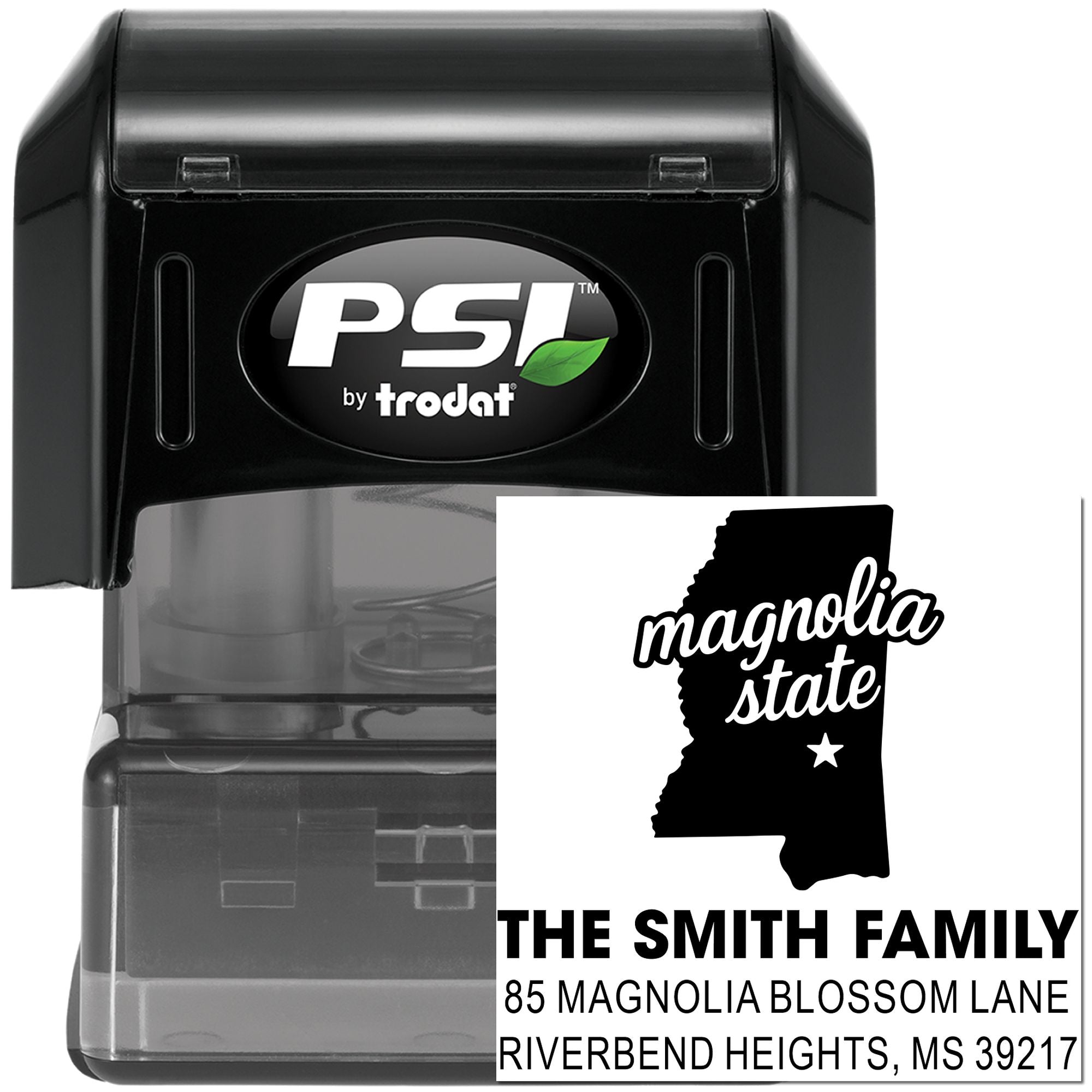 Custom Magnolia State return address rubber stamp for The Smith Family, 85 Magnolia Blossom Lane, Riverbend Heights, MS 39217