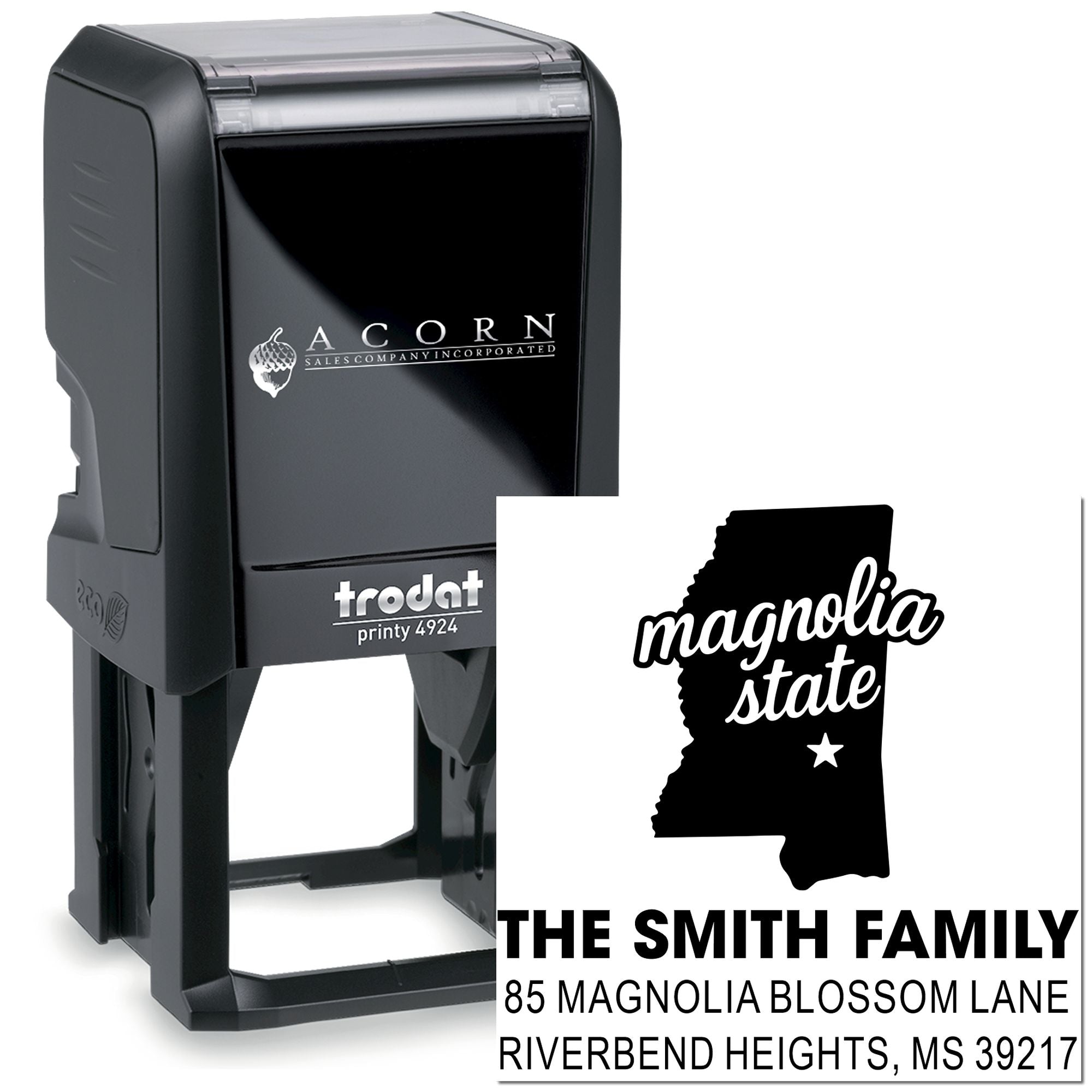 Custom self-inking Mississippi address rubber stamp with Magnolia State design for The Smith Family, Riverbend Heights, MS 39217