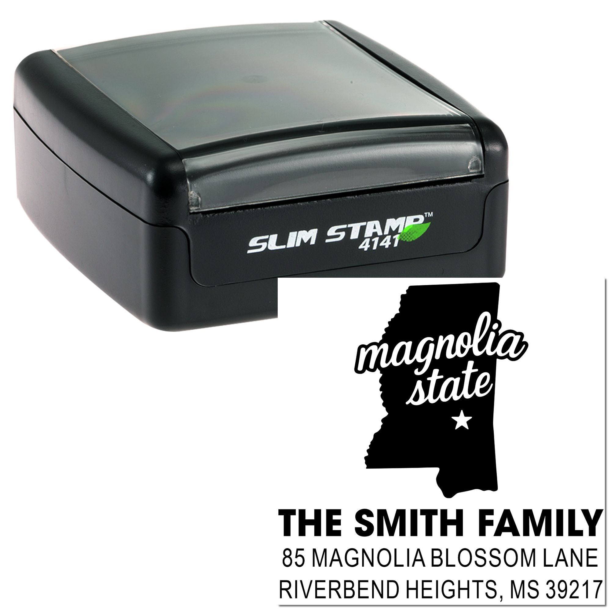 Slim Stamp 4141 self-inking rubber stamp with custom Magnolia State family address design for mailing envelopes and stationery.