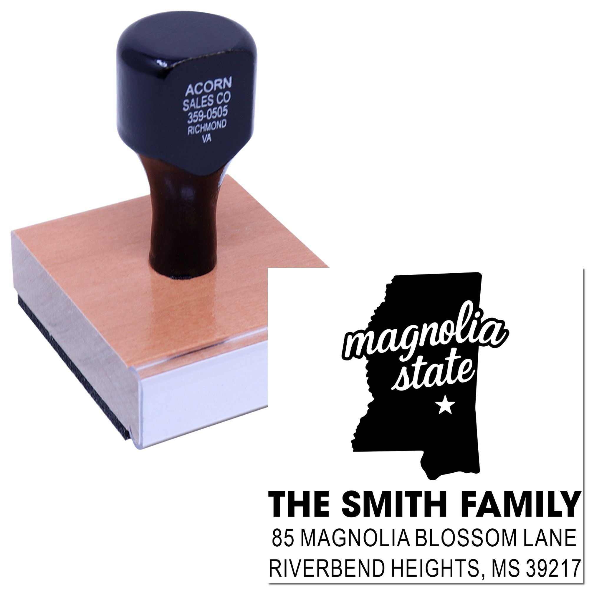 Custom address rubber stamp with Mississippi Magnolia State design for The Smith Family, ideal for personalized mail.