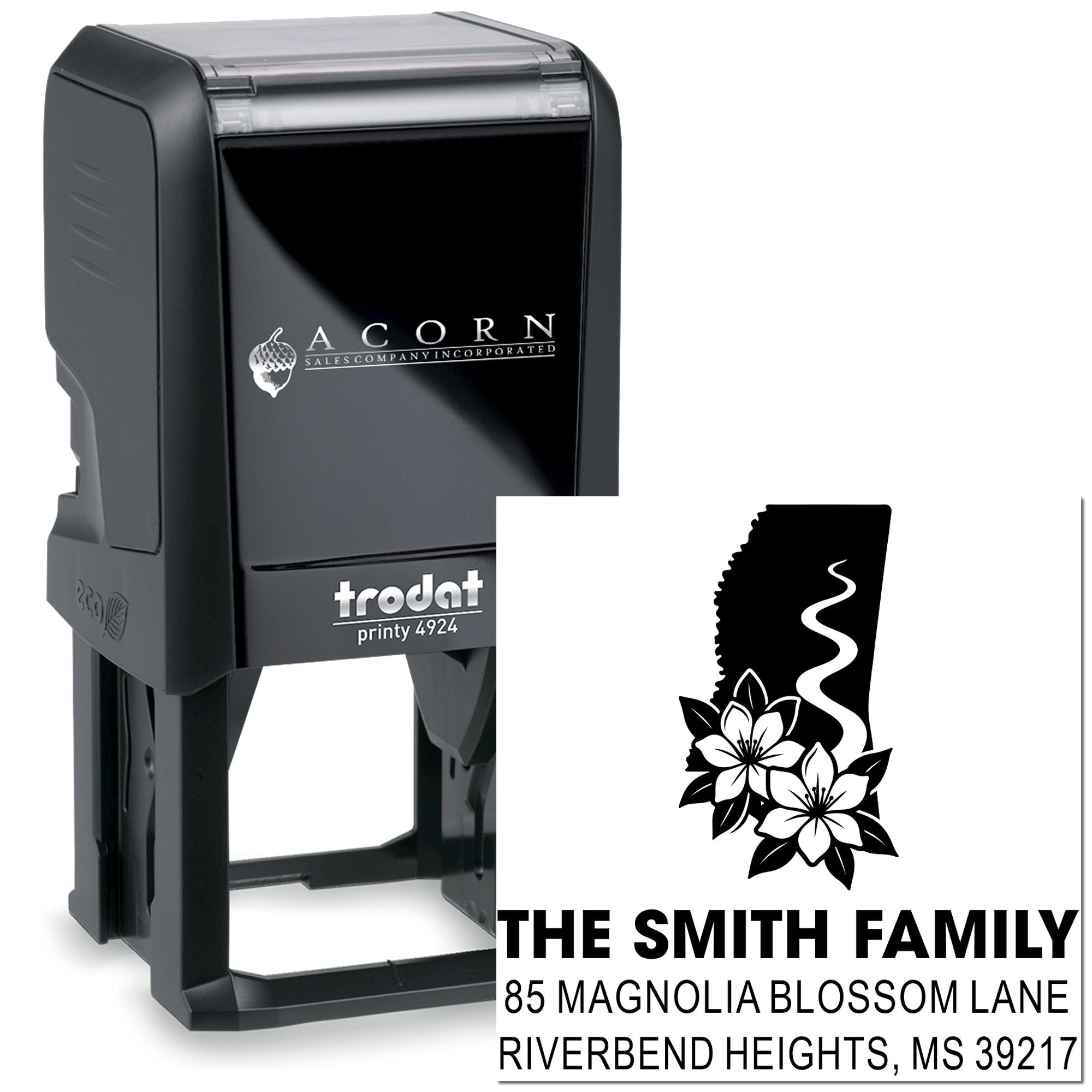 Trodat Printy 4924 custom self-inking address stamp with floral design for The Smith Family return address.