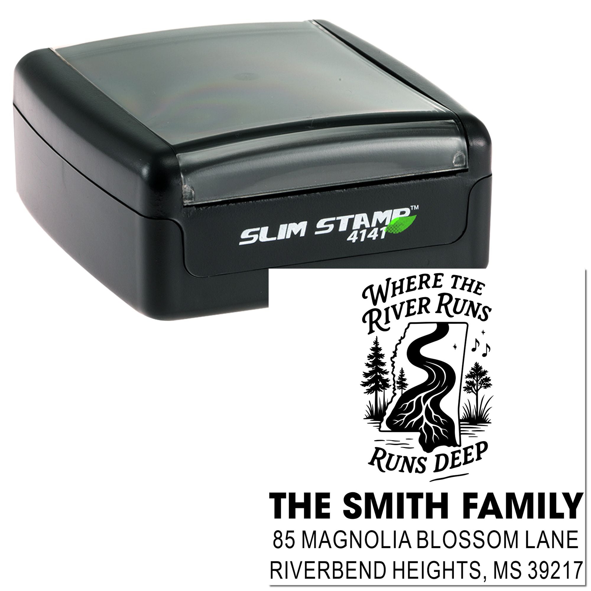 Custom self-inking return address rubber stamp with river design, family name, and address for personalized mailing.