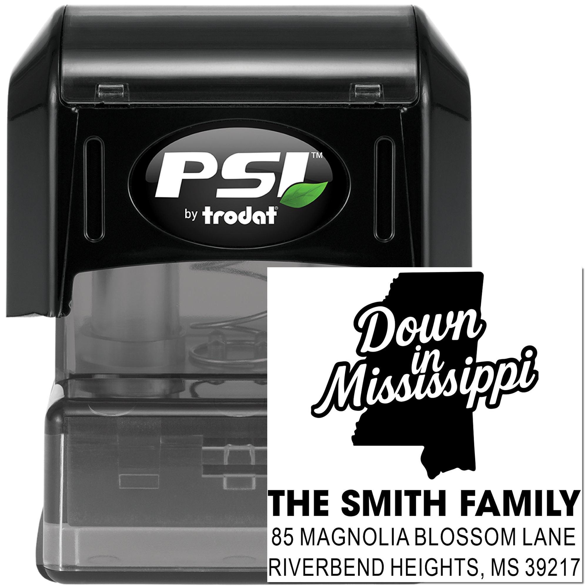 Custom self-inking rubber address stamp for The Smith Family, featuring Mississippi state design and return address imprint.