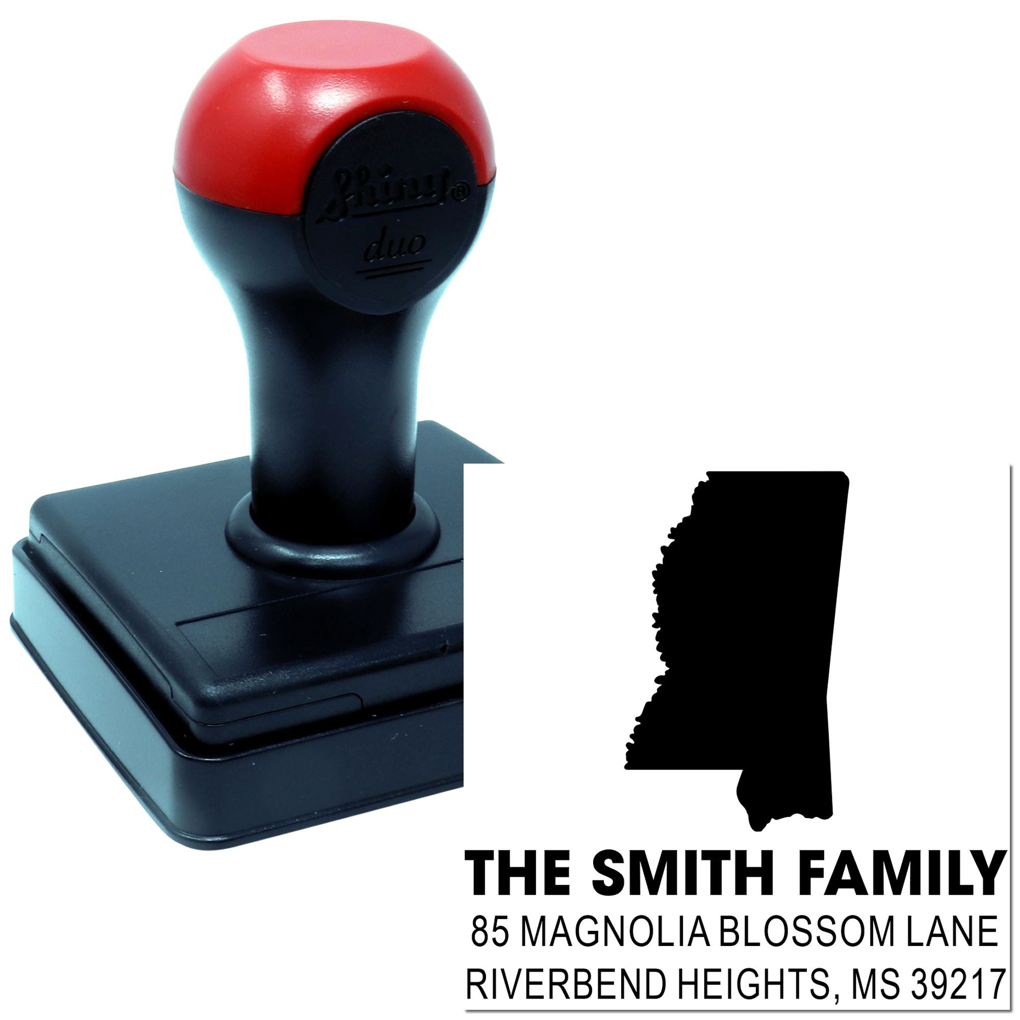 Custom self-inking address rubber stamp with family name, street address, and Mississippi state silhouette.