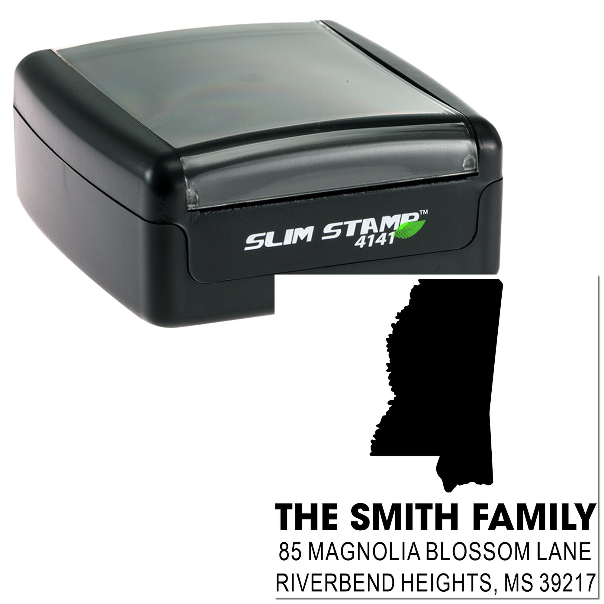 Slim Stamp 4141 custom self-inking rubber stamp for return address labels, shown with The Smith Family mailing imprint.