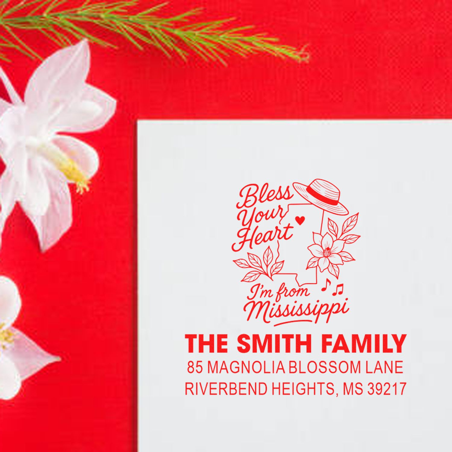 Custom Mississippi return address rubber stamp with Bless Your Heart floral design for The Smith Family.