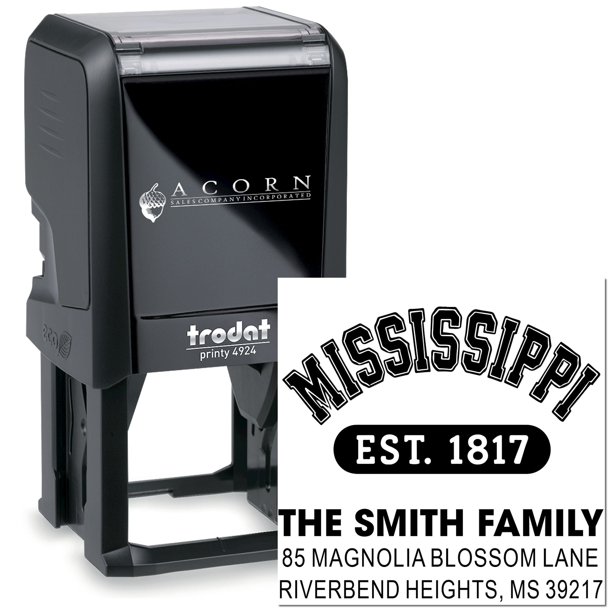 Trodat Printy 4924 self-inking rubber stamp with custom Mississippi family address design for mailing and branding